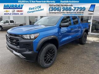 Arrive in style with our 2024 Chevrolet Colorado Trail Boss Crew Cab 4X4 that is eager for action in Glacier Blue Metallic! Powered by a 2.7L TurboMax supplying 310hp to an 8 Speed Automatic transmission. Youre ready to cruise over off-road obstacles with a 2-inch factory lift, 2-speed transfer case, and auto-locking rear differential, and this Four Wheel Drive truck achieves approximately 10.7L/100km on the highway. Our Colorados exterior is enhanced by gloss-black alloy wheels, prominent fender flares, black mirror caps, matching beltline moldings, a remote-locking tailgate, and a rear CornerStep bumper. It looks good getting dirty, too! Up to any task, our Trail Boss cabin boasts comfortable cloth seats, a wrapped steering wheel, single-zone climate control, keyless access/ignition, a 12V outlet, and a high-tech digital dash. It combines an 11.3-inch touchscreen, an 11-inch driver display, voice control, WiFi compatibility, Google Built-in, wireless Android Auto®/Apple CarPlay®, Bluetooth®, and a six-speaker audio system for everyday connectivity and then some. Chevrolet takes an intelligent approach to safety by equipping this truck with automatic braking, hill descent control, hill start assistance, lane-keeping assistance, pedestrian/cyclist detection, forward collision warning, an HD rearview camera, and more. Engineered for overachievers, our Colorado Trail Boss is ready to go! Save this Page and Call for Availability. We Know You Will Enjoy Your Test Drive Towards Ownership!