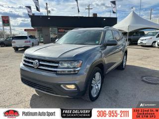 <b>Navigation,  Sunroof,  Bluetooth,  Blind Spot Assist,  Premium Sound Package!</b><br> <br>    The Volkswagen Atlas not only competes well with its rivals in terms of value, it has the kind of passenger space North American families typically shop for in a family-hauling crossover, says Edmunds. This  2018 Volkswagen Atlas is for sale today. <br> <br>Big families need a big SUV. Introducing the Volkswagen Atlas, large enough to handle everything from the daily car pool to a weekend adventure. It comes standard with seven seats and a third row kids will love to sit in. Not to mention enough technology and amenities to help keep everyone happy. Lifes as big as you make it. This  SUV has 126,421 kms. Its  dark gr in colour  . It has a 8 speed automatic transmission and is powered by a  276HP 3.6L V6 Cylinder Engine.  <br> <br> Our Atlass trim level is Execline 3.6 FSI. The Execline is the top trim for the Atlas and it shows. It comes with a Discover Media 8-inch touchscreen radio with Bluetooth, navigation, 2 SD card slots, and Fender 12-speaker premium audio, a panoramic power sunroof, power folding, heated, exterior mirrors with memory, heated front and rear seats, 3-zone automatic climate control, a 360-degree camera, remote start, blind spot detection, and more. This vehicle has been upgraded with the following features: Navigation,  Sunroof,  Bluetooth,  Blind Spot Assist,  Premium Sound Package,  Remote Start,  Rear View Camera. <br> <br>To apply right now for financing use this link : <a href=https://www.platinumautosport.com/credit-application/ target=_blank>https://www.platinumautosport.com/credit-application/</a><br><br> <br/><br> Buy this vehicle now for the lowest bi-weekly payment of <b>$201.95</b> with $0 down for 84 months @ 5.99% APR O.A.C. ( Plus applicable taxes -  Plus applicable fees   ).  See dealer for details. <br> <br><br> We know that you have high expectations, and as car dealers, we enjoy the challenge of meeting and exceeding those standards each and every time. Allow us to demonstrate our commitment to excellence! </br>

<br> As your one stop shop for quality pre owned vehicles and hassle free auto financing in Saskatoon, we provide the following offers & incentives for our valued clients in Saskatchewan, Alberta & Manitoba. </br> o~o
