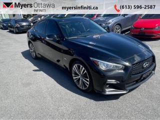 <b>Leather Seats,  Signature Badge,  Navigation,  Sunroof,  Heated Seats!</b><br> <br>  Compare at $29845 - Our Price is just $28976! <br> <br>   Awaken your senses and feel the emotions surge through you when you step in the meticulously quality built interior of the Infiniti Q50. This  2020 INFINITI Q50 is fresh on our lot in Ottawa. <br> <br>When looking at the 2020 Infiniti Q50 few select words can be found to best describe it. Attention to detail, meticulously built, amazing style. The Q50 is a quality mid sized sedan that is a very strong competitor to the German rivals in its class. Thankfully, it rises above them with forward thinking safety and entertainment technologies, giving you a feel of the future in one of todays cars. This  sedan has 116,976 kms. Its  black in colour  . It has an automatic transmission and is powered by a  300HP 3.0L V6 Cylinder Engine.  <br> <br> Our Q50s trim level is 3.0t Signature Edition AWD. This Signature Edition Infiniti Q50 adds a lot of style to this sport sedan with leather sport seats with bolstering and adjustable thigh support, a sport front bumper, unique rear bumper masking, decklid spoiler, Signature Edition badging, and a silver S badge. This Q50 has even more posh features like Intouch navigation, power moonroof, remote start, heated power front seats, heated leather steering wheel, forward emergency braking with collision warning and pedestrian detection, InTouch infotainment system with dual displays, Android Auto, Apple CarPlay, Bluetooth, SiriusXM, heated power side mirrors with turn signals, rain sensing wipers, LED lighting with fog lights and highbeam assist, driver memory settings, touch unlock front doors, dual zone automatic climate control, and HomeLink universal remote tied to a road ripping drive train and zero lift aerodynamics, you can be sure this car will impress. This vehicle has been upgraded with the following features: Leather Seats,  Signature Badge,  Navigation,  Sunroof,  Heated Seats,  Heated Steering Wheel,  Android Auto. <br> <br>To apply right now for financing use this link : <a href=https://www.myersinfiniti.ca/finance/ target=_blank>https://www.myersinfiniti.ca/finance/</a><br><br> <br/><br> Buy this vehicle now for the lowest bi-weekly payment of <b>$287.11</b> with $0 down for 72 months @ 11.00% APR O.A.C. ( taxes included, and licensing fees   ).  See dealer for details. <br> <br>*LIFETIME ENGINE TRANSMISSION WARRANTY NOT AVAILABLE ON VEHICLES WITH KMS EXCEEDING 140,000KM, VEHICLES 8 YEARS & OLDER, OR HIGHLINE BRAND VEHICLE(eg. BMW, INFINITI. CADILLAC, LEXUS...)<br> Come by and check out our fleet of 40+ used cars and trucks and 100+ new cars and trucks for sale in Ottawa.  o~o
