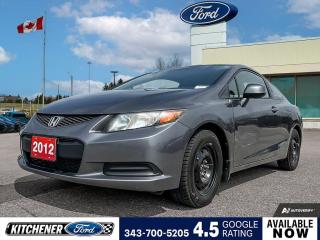 Polished Metal Metallic 2012 Honda Civic LX 2D Coupe 1.8L I4 SOHC 16V i-VTEC 5-Speed Manual FWD Gray w/Cloth Seat Trim, 15 Steel Wheels w/Full Covers, 4 Speakers, ABS brakes, Air Conditioning, AM/FM radio, Brake assist, Bumpers: body-colour, CD player, Cloth Seat Trim, Delay-off headlights, Driver door bin, Driver vanity mirror, Dual front impact airbags, Dual front side impact airbags, Electronic Stability Control, Four wheel independent suspension, Front anti-roll bar, Front Bucket Seats, Front reading lights, Heated door mirrors, Illuminated entry, Occupant sensing airbag, Overhead airbag, Panic alarm, Passenger door bin, Passenger vanity mirror, Power door mirrors, Power steering, Power windows, Radio data system, Radio: 160-Watt AM/FM/CD Audio System w/4-Speakers, Rear anti-roll bar, Rear window defroster, Remote keyless entry, Security system, Speed control, Speed-sensing steering, Split folding rear seat, Steering wheel mounted audio controls, Tachometer, Telescoping steering wheel, Tilt steering wheel, Traction control, Trip computer.


Reviews:
  * Owners say Civic is maneuverable, comfortable and relatively solid to drive, though the driving experience isnt the primary reason most shoppers pick a Civic. Reliability and purchase confidence is highly rated, as is Civics generous-for-its-size roominess. Owners note generous trunk space, and cargo space, with the rear seats folded. Fuel efficiency and performance are both rated well, too. Many owners, having previous experience owning an older Civic model, purchase newer ones having enjoyed a no-fuss ownership experience. Source: autoTRADER.ca