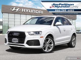 LOCAL CAR!! FULLY LOADED!! LOW KMS!! Options include: Panoramic sunroof, Navigation, Leather seats, Back up camera, Alloy wheels, and much more. This used 2018 Audi Q3 is now available to test drive at Jim Pattison Hyundai Surrey. This amazing local vehicle has been fully inspected at Jim Pattison Hyundai Surrey and all servicing is up to date. We always include a 30-day powertrain guarantee, 14-day exchange privilege and a CarFax vehicle history report with all of our pre-owned vehicles. For a limited time, this used Q3 is also available at special financing rates! Call 1-866-768-6885! Do you prefer text contact? You can TEXT our sales team directly @ 778-770-1084.Price does not include $599 documentation fee, $380 preparation charge, $599 finance placement fee if applicable and taxes.  DL#10977