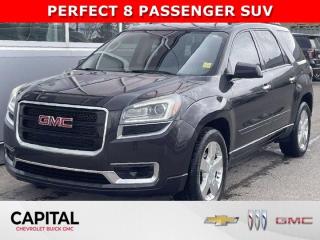 Come see this 2016 GMC Acadia SLE. CLEAN CARFAX, Low Kilometers, Comes with, 3 ROW 8 PASSENGER SEATING, Backup Camera, AWD, Keyless Entry, REAR PARKING SENSORS, Rear AC Control for Passengers, ONSTAR SUPPORTED WIFI HOTSTOP,Its Automatic transmission and Gas V6 3.6L/217 engine will keep you going. This GMC Acadia features the following options: ENGINE, 3.6L SIDI V6 (281 hp [210 kW] @ 6300 rpm, 266 lb-ft of torque @ 3400 rpm [359.1 N-m]) (STD), Wipers, front intermittent with washers, Wiper, rear intermittent with washer, Windows, power with driver Express-Down, Wheels, 4 - 18 x 7.5 (45.7 cm x 19.1 cm) aluminum, Wheel, 17 (43.2 cm) compact steel spare wheel and tire, Visors, driver and front passenger, padded with cloth trim, colour-keyed and illuminated vanity mirrors, Trim, interior, simulated metallic on instrument panel/console, Transmission, 6-speed automatic (Included and only available with TV14526 AWD models.), and Tires, P255/65R18 all-season, blackwall. See it for yourself at Capital Chevrolet Buick GMC Inc., 13103 Lake Fraser Drive SE, Calgary, AB T2J 3H5.