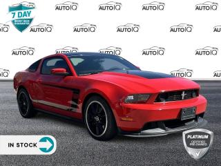 <p><strong>2012 Ford Mustang Boss 302 2D Coupe</strong></p><br><br><p>HiPo 5.0L V8 32V Ti-VCT, 6-Speed Manual, RWD</p><br><br><p><strong>Features:</strong></p><br><br><p>4 Speakers</p><br><br><p>4-Wheel Disc Brakes</p><br><br><p>ABS brakes</p><br><br><p>Air Conditioning</p><br><br><p>Alloy wheels</p><br><br><p>AM/FM radio</p><br><br><p>Brake assist</p><br><br><p>Bumpers: body-colour</p><br><br><p>CD player</p><br><br><p>Delay-off headlights</p><br><br><p>Driver door bin</p><br><br><p>Driver vanity mirror</p><br><br><p>Dual front impact airbags</p><br><br><p>Dual front side impact airbags</p><br><br><p>Electronic Stability Control</p><br><br><p>Front anti-roll bar</p><br><br><p>Front Bucket Seats</p><br><br><p>Front reading lights</p><br><br><p>Front wheel independent suspension</p><br><br><p>Fully automatic headlights</p><br><br><p>Illuminated entry</p><br><br><p>Low tire pressure warning</p><br><br><p>Occupant sensing airbag</p><br><br><p>Outside temperature display</p><br><br><p>Panic alarm</p><br><br><p>Passenger door bin</p><br><br><p>Passenger vanity mirror</p><br><br><p>Power door mirrors</p><br><br><p>Power steering</p><br><br><p>Power windows</p><br><br><p>Premium AM/FM Stereo w/Single CD/Clock</p><br><br><p>Radio data system</p><br><br><p>Rear anti-roll bar</p><br><br><p>Rear window defroster</p><br><br><p>Remote keyless entry</p><br><br><p>Speed control</p><br><br><p>Speed-sensing steering</p><br><br><p>Split folding rear seat</p><br><br><p>Spoiler</p><br><br><p>Tachometer</p><br><br><p>Tilt steering wheel</p><br><br><p>Traction control</p><br><br><p>Trip computer</p><br><br><p>Unique Cloth Sport Seats</p><br><br><p>Variably intermittent wipers</p><br><br><p>Voltmeter</p><br><br><p>Wheels: 19 x 9 Fr/19 x 9.5 Rr Painted Aluminum</p><br><br>SPECIAL NOTE: This vehicle is reserved for AutoIQs Retail Customers Only. Please, No Dealer Calls <br><br>Dont Delay! With over 140 Sales Professionals Promoting this Pre-Owned Vehicle through 11 Dealerships Representing 11 Communities Across Ontario, this Great Value Wont Last Long!<br><br>AutoIQ proudly offers a 7 Day Money Back Guarantee. Buy with Complete Confidence. You wont be disappointed!<br><p> </p>

<h4>PLATINUM CERTIFIED PRE-OWNED VEHICLE</h4>

<p>36-point Provincial Safety Inspection<br />
172-point inspection combined mechanical, aesthetic, functional inspection including a vehicle report card<br />
Warranty: 90-days or 5,000 KM on inspected mechanical items, factory extended options eligible for warranty up to 200,000 KM<br />
Complimentary CARFAX Vehicle History Report<br />
3X Provincial safety standard for tire tread depth<br />
3X Provincial safety standard for brake pad thickness<br />
7 Day Money Back Guarantee*<br />
Market Value Report provided<br />
Guaranteed 2 keys/key fobs and door code (if equipped)<br />
Equipped vehicles include a complimentary 3 month Sirius satellite radio subscription!<br />
Complimentary full interior detailing and carpet shampoo<br />
Paintless dent repair and/or touch-ups for applicable body panels<br />
Vehicle scanned for open recall notifications from manufacturer</p>

<p>SPECIAL NOTE: This vehicle is reserved for AutoIQs retail customers only. Please, no dealer calls. Errors & omissions excepted.</p>

<p>*As-traded, specialty or high-performance vehicles are excluded from the 7-Day Money Back Guarantee Program (including, but not limited to Ford Shelby, Ford mustang GT, Ford Raptor, Chevrolet Corvette, Camaro 2SS, Camaro ZL1, V-Series Cadillac, Dodge/Jeep SRT, Hyundai N Line, all electric models)</p>

<p>INSGMT</p>