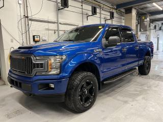 ONLY 70,000 KMS! SUPER RARE 650HP ROUSH SUPERCHARGED LIGHTNING BLUE 5.0L V8 W/ ROUSH PERFORMANCE PAC LEVEL 2 INCL. FACTORY INSTALLED SUPERCHARGER, ROUSH COLD AIR INTAKE, CATBACK EXHAUST AND PCM TUNING! 4x4 crew cab w/ 301A & FX4 Off Road packages, leather seats, remote start, backup camera, tonneau cover, 8-inch touchscreen w/ Apple CarPlay/Android Auto, tow package w/ integrated trailer brake controller, Pro Trailer Backup Assist, running boards, automatic headlights, full power group incl. power seat & power adjustable pedals, 6-foot 6-inch box w/ spray-in bedliner, cargo lamp, leather-wrapped steering wheel, air conditioning, cruise control and Sirius XM!