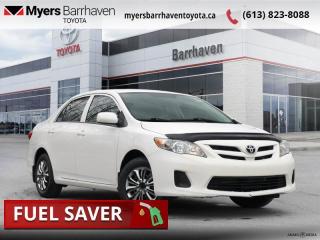 <b>Air Conditioning,  Power Windows,  Power Doors,  Soft Door Close!</b><br> <br>  Compare at $14454 - Our Live Market Price is just $13898! <br> <br>   Style, reliability, and comfort all come together in the efficient Toyota Corolla. This  2013 Toyota Corolla is fresh on our lot in Ottawa. <br> <br>The 2013 Toyota Corolla remains one of the best picks in its class for the safety-minded consumer. The Corollas reputation is built on legendary longevity, low fuel consumption, and high resale value. The Toyota family resemblance runs strong in the Corolla - swept-back headlights and a new sporty grille was revised in 2013 creating a cutting-edge design. The 2013 Toyota Corollas interior is highly functional and very roomy, while the rear seat offers good hip and shoulder room for your passengers. Cargo volume can be expanded thanks to the 60/40-split folding rear seats. This  sedan has 101,272 kms. Its  white in colour  . It has an automatic transmission and is powered by a  132HP 1.8L 4 Cylinder Engine.   This vehicle has been upgraded with the following features: Air Conditioning,  Power Windows,  Power Doors,  Soft Door Close. <br> <br>To apply right now for financing use this link : <a href=https://www.myersbarrhaventoyota.ca/quick-approval/ target=_blank>https://www.myersbarrhaventoyota.ca/quick-approval/</a><br><br> <br/><br> Buy this vehicle now for the lowest bi-weekly payment of <b>$162.36</b> with $0 down for 48 months @ 9.99% APR O.A.C. ( Plus applicable taxes -  Plus applicable fees   ).  See dealer for details. <br> <br>At Myers Barrhaven Toyota we pride ourselves in offering highly desirable pre-owned vehicles. We truly hand pick all our vehicles to offer only the best vehicles to our customers. No two used cars are alike, this is why we have our trained Toyota technicians highly scrutinize all our trade ins and purchases to ensure we can put the Myers seal of approval. Every year we evaluate 1000s of vehicles and only 10-15% meet the Myers Barrhaven Toyota standards. At the end of the day we have mutual interest in selling only the best as we back all our pre-owned vehicles with the Myers *LIFETIME ENGINE TRANSMISSION warranty. Thats right *LIFETIME ENGINE TRANSMISSION warranty, were in this together! If we dont have what youre looking for not to worry, our experienced buyer can help you find the car of your dreams! Ever heard of getting top dollar for your trade but not really sure if you were? Here we leave nothing to chance, every trade-in we appraise goes up onto a live online auction and we get buyers coast to coast and in the USA trying to bid for your trade. This means we simultaneously expose your car to 1000s of buyers to get you top trade in value. <br>We service all makes and models in our new state of the art facility where you can enjoy the convenience of our onsite restaurant, service loaners, shuttle van, free Wi-Fi, Enterprise Rent-A-Car, on-site tire storage and complementary drink. Come see why many Toyota owners are making the switch to Myers Barrhaven Toyota. <br>*LIFETIME ENGINE TRANSMISSION WARRANTY NOT AVAILABLE ON VEHICLES WITH KMS EXCEEDING 140,000KM, VEHICLES 8 YEARS & OLDER, OR HIGHLINE BRAND VEHICLE(eg. BMW, INFINITI. CADILLAC, LEXUS...) o~o