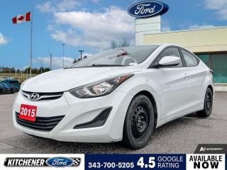 Monaco White 2015 Hyundai Elantra GL 4D Sedan 1.8L 4-Cylinder DOHC 16V Dual CVVT 6-Speed Automatic with Overdrive FWD 3.065 Axle Ratio, 4-Wheel Disc Brakes, 6 Speakers, ABS brakes, Air Conditioning, AM/FM radio: XM, AM/FM/XM/CD/MP3 Audio System w/6 Speakers, Brake assist, Bumpers: body-colour, CD player, Delay-off headlights, Driver door bin, Driver vanity mirror, Dual front impact airbags, Dual front side impact airbags, Electronic Stability Control, Front anti-roll bar, Front Bucket Seats, Front reading lights, Front wheel independent suspension, Fully automatic headlights, Heated door mirrors, Heated Front Bucket Seats, Heated front seats, Illuminated entry, Occupant sensing airbag, Outside temperature display, Overhead airbag, Overhead console, Panic alarm, Passenger door bin, Passenger vanity mirror, Power door mirrors, Power steering, Power windows, Premium Cloth Seating Surfaces, Rear anti-roll bar, Rear window defroster, Remote keyless entry, Security system, Speed control, Speed-sensing steering, Split folding rear seat, Steering wheel mounted audio controls, Tachometer, Telescoping steering wheel, Tilt steering wheel, Traction control, Trip computer, Variably intermittent wipers, Wheels: 16 x 6.5J Steel w/Cover.


Reviews:
  * Owners commonly praise the Elantras looks, ride quality, a robust and durable feel from the suspension, decent mileage, peppy performance and a nicely laid-out interior. Typically, good safety scores and high standard equipment levels attracted shoppers to the Elantra, with highly reasonable pricing sealing the deal. Source: autoTRADER.ca