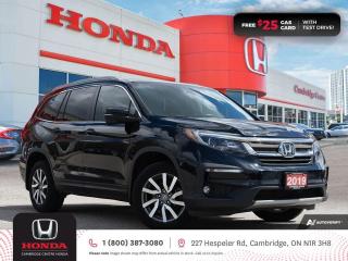 <p><strong>GREAT LARGER SUV! IN EXCELLENT SHAPE! TEST DRIVE TODAY! </strong>2019 Honda Pilot EXfeaturing six speed automatictransmission, eight passenger seating, power sunroof, push button start, proximity key entry, remote engine starter, heated seats, rearview camera with guidelines, the Honda Sensing technologies: Adaptive Cruise Control, Forward Collision Warning system, Collision Mitigation Braking system, Lane Departure Warning system, Lane Keeping Assist system and Road Departure Mitigation system, AM/FM touchscreen audio system, Apple CarPlay and Android Auto connectivity, Bluetooth, steering wheel mounted controls, daytime running lights, automatic headlights, power and heated mirrors, power locks, remote keyless entry, power windows, tire pressure monitoring system, electronic stability control and anti-lock braking system. Contact Cambridge Centre Honda for special discounted finance rates, as low as 8.99%, on approved credit from Honda Financial Services.</p>

<p><span style=color:#ff0000><strong>FREE $25 GAS CARD WITH TEST DRIVE!</strong></span></p>

<p>Our philosophy is simple. We believe that buying and owning a car should be easy, enjoyable and transparent. Welcome to the Cambridge Centre Honda Family! Cambridge Centre Honda proudly serves customers from Cambridge, Kitchener, Waterloo, Brantford, Hamilton, Waterford, Brant, Woodstock, Paris, Branchton, Preston, Hespeler, Galt, Puslinch, Morriston, Roseville, Plattsville, New Hamburg, Baden, Tavistock, Stratford, Wellesley, St. Clements, St. Jacobs, Elmira, Breslau, Guelph, Fergus, Elora, Rockwood, Halton Hills, Georgetown, Milton and all across Ontario!</p>