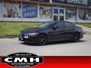 <b>ALL WHEEL DRIVE !! NAVIGATION, REAR CAMERA, PARKING SENSORS, BLIND SPOT, AUTO HIGH BEAM, RAIN SENSING WIPERS, ANDROID AUTO, PANORAMIC SUNROOF, POWER SEATS W/ DRIVER MEMORY, RED LATHER, HEATED SEATS, HEATED STEERING WHEEL, REMOTE START, 19-IN ALLOYS</b><br>      This  2018 Alfa Romeo Giulia is for sale today. <br> <br>Vividly beautiful with a fluent all around design and a wide range of trim and engine choices will prove to be a difficult decision when purchasing a new 2018 Alfa Romeo Giulia. Nevertheless this Giulia is simply irreplaceable and unmatched. Comfortable seating within the whole range, a wide array of options available throughout the trims, and astonishing performance in the flagship Quadrifoglio model prove that this 2018 Alfa Romeo Giulia is a breath of fresh air in the sport sedan segment.This  sedan has 148,858 kms. Its  black in colour  . It has an automatic transmission and is powered by a  280HP 2.0L 4 Cylinder Engine. <br> <br> Our Giulias trim level is Ti Sport. The Alfa Romeo Giulia is possibly the best looking sedan to ever be created and comes with numerous standard features that include navigation, an 8 speaker stereo with an 8.8 inch display and bluetooth streaming audio, power adjustable front seats, a heated multi-functional heated leather steering wheel, remote keyless entry, dual zone climate control, leather seats with accent stitching, front and rear parking sensors, a rear view camera. Upgrading to this Ti Sport trim and youll get larger unique aluminum wheels, interior trim, painted brake calipers and a heated steering wheel.<br> <br>To apply right now for financing use this link : <a href=https://www.cmhniagara.com/financing/ target=_blank>https://www.cmhniagara.com/financing/</a><br><br> <br/><br>Trade-ins are welcome! Financing available OAC ! Price INCLUDES a valid safety certificate! Price INCLUDES a 60-day limited warranty on all vehicles except classic or vintage cars. CMH is a Full Disclosure dealer with no hidden fees. We are a family-owned and operated business for over 30 years! o~o