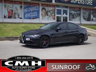 <b>ALL WHEEL DRIVE !! NAVIGATION, REAR CAMERA, PARKING SENSORS, BLIND SPOT, AUTO HIGH BEAM, RAIN SENSING WIPERS, ANDROID AUTO, PANORAMIC SUNROOF, POWER SEATS W/ DRIVER MEMORY, RED LATHER, HEATED SEATS, HEATED STEERING WHEEL, REMOTE START, 19-IN ALLOYS</b><br>      This  2018 Alfa Romeo Giulia is for sale today. <br> <br>Vividly beautiful with a fluent all around design and a wide range of trim and engine choices will prove to be a difficult decision when purchasing a new 2018 Alfa Romeo Giulia. Nevertheless this Giulia is simply irreplaceable and unmatched. Comfortable seating within the whole range, a wide array of options available throughout the trims, and astonishing performance in the flagship Quadrifoglio model prove that this 2018 Alfa Romeo Giulia is a breath of fresh air in the sport sedan segment.This  sedan has 148,858 kms. Its  black in colour  . It has an automatic transmission and is powered by a  280HP 2.0L 4 Cylinder Engine. <br> <br> Our Giulias trim level is Ti Sport. The Alfa Romeo Giulia is possibly the best looking sedan to ever be created and comes with numerous standard features that include navigation, an 8 speaker stereo with an 8.8 inch display and bluetooth streaming audio, power adjustable front seats, a heated multi-functional heated leather steering wheel, remote keyless entry, dual zone climate control, leather seats with accent stitching, front and rear parking sensors, a rear view camera. Upgrading to this Ti Sport trim and youll get larger unique aluminum wheels, interior trim, painted brake calipers and a heated steering wheel. This vehicle has been upgraded with the following features: Back Up Camera, Back Up Sensors, Blind Spot Sensor, Dual Zone Climate Control, Heated Mirrors, Sunroof, Navigation. <br> <br>To apply right now for financing use this link : <a href=https://www.cmhniagara.com/financing/ target=_blank>https://www.cmhniagara.com/financing/</a><br><br> <br/><br>Trade-ins are welcome! Financing available OAC ! Price INCLUDES a valid safety certificate! Price INCLUDES a 60-day limited warranty on all vehicles except classic or vintage cars. CMH is a Full Disclosure dealer with no hidden fees. We are a family-owned and operated business for over 30 years! o~o