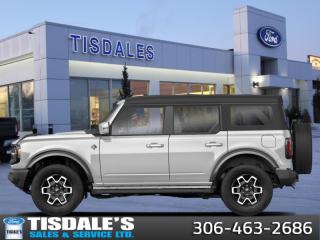 <b>Leather Seats,  Heated Seats, Premium Audio!</b><br> <br> <br> <br>Check out the large selection of new Fords at Tisdales today!<br> <br>  Turn heads with this stylish yet remarkably capable 2024 Ford Bronco. <br> <br>With a nostalgia-inducing design along with remarkable on-road driving manners with supreme off-road capability, this 2024 Ford Bronco is indeed a jack of all trades and masters every one of them. Durable build materials and functional engineering coupled with modern day infotainment and driver assistive features ensure that this iconic vehicle takes on whatever you can throw at it. Want an SUV that can genuinely do it all and look good while at it? Look no further than this 2024 Ford Bronco!<br> <br> This oxford white SUV  has an automatic transmission and is powered by a  315HP 2.7L V6 Cylinder Engine.<br> <br> Our Broncos trim level is Outer Banks. This Bronco Outer Banks takes things to a whole new level, with polished aluminum wheels, body colored fender flares, door handles and power heated side mirrors, along with LED headlights with high beam assist, front fog lights, and upgraded LED brake lights. This rugged off-roader also treats you with amazing comfort and connectivity features that include heated front seats, remote engine start, dual-zone climate control, front and rear cupholders, and an upgraded infotainment system with Apple CarPlay, Android Auto, SiriusXM and inbuilt navigation, to get you back home from your off-road adventures. Road safety is assured thanks to a suite of systems including blind spot detection, pre-collision assist with pedestrian detection and cross-traffic alert, lane keeping assist with lane departure warning, rear parking sensors, and driver monitoring alert. Additional features include proximity keyless entry with push button start, trail control, trail turn assist, and so much more. This vehicle has been upgraded with the following features: Leather Seats,  Heated Seats, Premium Audio. <br><br> View the original window sticker for this vehicle with this url <b><a href=http://www.windowsticker.forddirect.com/windowsticker.pdf?vin=1FMEE8BP4RLA45465 target=_blank>http://www.windowsticker.forddirect.com/windowsticker.pdf?vin=1FMEE8BP4RLA45465</a></b>.<br> <br>To apply right now for financing use this link : <a href=http://www.tisdales.com/shopping-tools/apply-for-credit.html target=_blank>http://www.tisdales.com/shopping-tools/apply-for-credit.html</a><br><br> <br/>    3.99% financing for 84 months. <br> Buy this vehicle now for the lowest bi-weekly payment of <b>$457.12</b> with $0 down for 84 months @ 3.99% APR O.A.C. ( Plus applicable taxes -  $699 administration fee included in sale price.   ).  Incentives expire 2024-05-08.  See dealer for details. <br> <br>Tisdales is not your standard dealership. Sales consultants are available to discuss what vehicle would best suit the customer and their lifestyle, and if a certain vehicle isnt readily available on the lot, one will be brought in. o~o