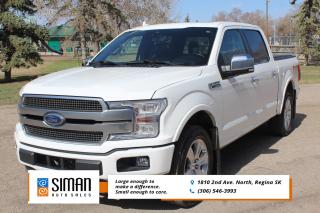 <p><strong>EXCELENT SERVICE RECORDS </strong></p>

<p><strong>Winter and all season tires included. Our 2020 Ford F150 Platinum Crew Cab has been through a presale inspection fresh full synthetic oil service. Carfax reports Excellent service records. Financing Available on site Trades Encouraged. Factory Powertrain Warranty to Nov 24 2025 or 100,000 km. Aftermarket warranties to fit every need and budget. </strong>The 2020 Ford F-150 is a perfect example of the tough yet modern full-size pickup truck. It has the guts to tow and haul at the top of its class, yet it also offers a wide range of luxury and technology features. The combination makes it one of the most versatile trucks available and justifies the F-Series as the top-selling vehicle on the market. 4G LTE Wi-Fi hotspot, and most trim levels come with the Sync 3 infotainment system and an 8-inch touchscreen. Pre-collision assist with automatic braking is also standard equipment. New for 2020, the Ford Co-Pilot360 safety suite comes on the Lariat, King Ranch, Platinum and Limited trims. A luxury-oriented side starts to shine through when stepping up through the trims. The XLT adds alloy wheels, chrome trim, front-seat lumbar adjustments, and an 8-inch touchscreen (with Ford's Sync 3 interface and Apple CarPlay and Android Auto), while the Lariat boasts keyless entry and ignition, power-adjustable pedals, dual-zone automatic climate control, and leather upholstery. At the top of the food chain, the Platinum delivers escalating layers of top-shelf luxury fittings across the board.</p>

<p><span style=color:#2980b9><strong>Siman Auto Sales is large enough to make a difference but small enough to care. We are family owned and operated, and have been proudly serving Saskatchewan car buyers since 1998. We offer on site financing, consignment, automotive repair and over 90 preowned vehicles to choose from.</strong></span></p>