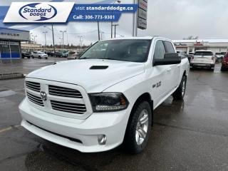 <b>Bluetooth,  SiriusXM,  Fog Lamps,  Aluminum Wheels,  Steering Wheel Audio Control!</b><br> <br>  Compare at $28365 - Our Price is just $25392! <br> <br>   Reliable, dependable, and innovative, this Ram 1500 proves that it has what it takes. This  2015 Ram 1500 is for sale today in Swift Current. <br> <br>The reasons why this Ram 1500 stands above the well-respected competition are evident: uncompromising capability, proven commitment to safety and security, and state-of-the-art technology. From the muscular exterior to the well-trimmed interior, this truck is more than just a workhorse. Get the job done in comfort and style with this Ram 1500. This  Crew Cab 4X4 pickup  has 142,248 kms. Its  bright white in colour  . It has a 8 speed automatic transmission and is powered by a  395HP 5.7L 8 Cylinder Engine.  <br> <br> Our 1500s trim level is SPORT. The Sport trim adds some sporty attitude to this rugged Ram. It comes with a Uconnect infotainment system with Bluetooth streaming audio and hands-free communication, SiriusXM, a leather-wrapped steering wheel with audio controls, a rotary dial e-shifter, a power drivers seat, body-color front fascia, rear bumper, and grille with bright billets, aluminum wheels, and more. This vehicle has been upgraded with the following features: Bluetooth,  Siriusxm,  Fog Lamps,  Aluminum Wheels,  Steering Wheel Audio Control, Leather Seats, Heated Front Seats. <br> To view the original window sticker for this vehicle view this <a href=http://www.chrysler.com/hostd/windowsticker/getWindowStickerPdf.do?vin=1C6RR7MT8FS610193 target=_blank>http://www.chrysler.com/hostd/windowsticker/getWindowStickerPdf.do?vin=1C6RR7MT8FS610193</a>. <br/><br> <br>To apply right now for financing use this link : <a href=https://standarddodge.ca/financing target=_blank>https://standarddodge.ca/financing</a><br><br> <br/><br>* Stop By Today *Test drive this must-see, must-drive, must-own beauty today at Standard Chrysler Dodge Jeep Ram, 208 Cheadle St W., Swift Current, SK S9H0B5! <br><br> Come by and check out our fleet of 30+ used cars and trucks and 100+ new cars and trucks for sale in Swift Current.  o~o