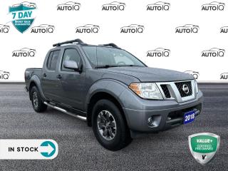 Gun Metallic 2018 Nissan Frontier PRO-4X 4D Crew Cab 4.0L V6 DOHC 5-Speed Automatic 4WD | Apple Carplay | Android Auto, 4WD, 10 Speakers, 4-Wheel Disc Brakes, ABS brakes, Air Conditioning, Alloy wheels, AM/FM radio: SiriusXM, Anti-whiplash front head restraints, Auto-dimming Rear-View mirror, Automatic temperature control, Block heater, Bumpers: body-colour, CD player, Compass, Delay-off headlights, Driver door bin, Driver vanity mirror, Dual front impact airbags, Dual front side impact airbags, Electronic Stability Control, Exterior Parking Camera Rear, Front anti-roll bar, Front Bucket Seats, Front dual zone A/C, Front fog lights, Front reading lights, Front wheel independent suspension, Full Tank of Fuel & Floor Mats, Fully automatic headlights, Heated door mirrors, Heated Front Bucket Seats, Heated front seats, Illuminated entry, Leather Shift Knob, Low tire pressure warning, Occupant sensing airbag, Outside temperature display, Overhead airbag, Overhead console, Panic alarm, Passenger vanity mirror, Power door mirrors, Power moonroof, Power steering, Power windows, PRO-4X Embroidered Cloth Seat Trim, Radio data system, Radio: AM/FM/CD w/10 Speakers & Navigation, Rear Parking Sensors, Rear step bumper, Remote keyless entry, Roof rack, Security system, Speed control, Speed-sensing steering, Split folding rear seat, Steering wheel mounted audio controls, Tachometer, Tilt steering wheel, Traction control, Trip computer, Voltmeter.


Reviews:
  * Frontier owners tend to comment positively on the unique and functional interior, good build quality, a solid and sturdy ride, plenty of power from the big V6 engine, and plenty of off-road capability. Source: autoTRADER.ca<p> </p>

<h4>VALUE+ CERTIFIED PRE-OWNED VEHICLE</h4>

<p>36-point Provincial Safety Inspection<br />
172-point inspection combined mechanical, aesthetic, functional inspection including a vehicle report card<br />
Warranty: 30 Days or 1500 KMS on mechanical safety-related items and extended plans are available<br />
Complimentary CARFAX Vehicle History Report<br />
2X Provincial safety standard for tire tread depth<br />
2X Provincial safety standard for brake pad thickness<br />
7 Day Money Back Guarantee*<br />
Market Value Report provided<br />
Complimentary 3 months SIRIUS XM satellite radio subscription on equipped vehicles<br />
Complimentary wash and vacuum<br />
Vehicle scanned for open recall notifications from manufacturer</p>

<p>SPECIAL NOTE: This vehicle is reserved for AutoIQs retail customers only. Please, No dealer calls. Errors & omissions excepted.</p>

<p>*As-traded, specialty or high-performance vehicles are excluded from the 7-Day Money Back Guarantee Program (including, but not limited to Ford Shelby, Ford mustang GT, Ford Raptor, Chevrolet Corvette, Camaro 2SS, Camaro ZL1, V-Series Cadillac, Dodge/Jeep SRT, Hyundai N Line, all electric models)</p>

<p>INSGMT</p>