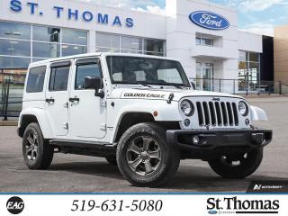 Recent Arrival!<br>1-Year SiriusXM Subscription, 2 Front & 1 Rear Bronze Tow Hook, 4-Wheel Disc Brakes, 8 Speakers, A/C Refrigerant, ABS brakes, AM/FM radio, Auto-Dimming Rearview Mirror w/Lamp, Black Jeep Freedom Top Hardtop, Body Colour Grille w/Bronze Accent, Body-Colour Fender Flares, Body-Colour Freedom Top Hardtop, Brake assist, Bright Leather-Wrapped Shift Knob, CD player, Cloth Bucket Seats, Cloth Bucket Seats w/Golden Eagle Logo (DISC), Compass, Connectivity Group, Deep Tint Sunscreen Windows, Driver door bin, Driver Height Adjuster Seat, Driver vanity mirror, Dual front impact airbags, Dual Top Group, Electronic Stability Control, Electronic Vehicle Information Centre, For SiriusXM Info, Call 888-539-7474, Freedom Panel Storage Bag, Front 1-Touch Down Power Windows, Front anti-roll bar, Front Bucket Seats, Front fog lights, Golden Eagle Hood Decal, Golden Eagle Package, Hands-Free Communication w/Bluetooth, HD Rock Rails w/Step Pad, Heavy Duty Suspension w/Gas Shocks, Integrated roll-over protection, Leather-Wrapped Steering Wheel, Light Bronze Accent Stitching, Low tire pressure warning, Low-Gloss Black Wrangler JK Decal, MOPAR Black Fuel-Filler Door, MOPAR Black Taillamp Guards, MOPAR Coat Hooks & Grab Handles, MOPAR Slush Mats, Normal Duty Suspension, Occupant sensing airbag, Outside temperature display, Passenger door bin, Passenger vanity mirror, Power Convenience Group, Power Heated Exterior Mirrors, Power Locks, Power steering, Premium Tan Sunrider Soft Top, Quick Order Package 24M Golden Eagle (DISC), Radio: 130 AM/FM/CD, Radio: 430, Rear anti-roll bar, Rear Window Defroster, Rear Window Wiper w/Washer, Remote Keyless Entry, Security Alarm, SiriusXM Satellite Radio, Speed control, Split folding rear seat, Steel Front Bumper, Steel Rear Bumper, Steering wheel mounted audio controls, Tachometer, Tilt steering wheel, Tire Pressure Monitoring System, Titanium Interior Accents, Traction control, Trip computer, Variably intermittent wipers, Wheels: 17 x 7.5 Low-Gloss Bronze Aluminum (DISC).<br>Odometer is 53559 kilometers below market average!<br><br>4WD<br>5-Speed Automatic Pentastar 3.6L V6 VVT<br>Bright White Clearcoat<br><br><br>Reviews:<br>  * Owners typically rave about the Wranglers toughness, capability, heavy-duty feel, and go-anywhere-anytime attitude. The unique looks and quirky drive are part of the Wranglers charm for many drivers, and the availability of plenty of high-grade feature content drew many shoppers in. Notably, the new-for-2012 V6 engine is a smooth and punchy performer with power to spare, and should turn in notably improved fuel efficiency for drivers upgrading from pre-Pentastar Wranglers. Source: autoTRADER.ca