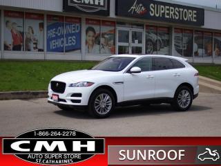 <b>LOADED AWD !! NAVIGATION, REAR CAMERA, PARKING SENSORS, COLLISION SENSORS, LANE KEEPING, APPLE CARPLAY, PANORAMIC SUNROOF, LEATHER, POWER SEATS W/ DRIVER MEMORY, HEATED SEATS, HEATED STEERING WHEEL, RAIN SENSING WIPERS, POWER LIFTGATE, 19-IN ALLOYS</b><br>      This  2020 Jaguar F-Pace is for sale today. <br> <br>This luxurious Jaguar F-Pace blends exhilarating performance with intelligent driving technologies by allowing you to stay connected to friends and family as well as with the road. Technologically advanced at its core, this F-Pace is the most practical Jaguar sports vehicle. It has the capability for every road and the capacity for every day. This F-Pace is a Jaguar for you and a Jaguar for your family. This  SUV has 99,450 kms. Its  white in colour  . It has an automatic transmission and is powered by a  247HP 2.0L 4 Cylinder Engine. <br> <br> Our F-Paces trim level is 25t AWD Prestige. This F-Pace Prestige is the ultimate blend of luxury and comfort. Upgraded features include heated seats and heated steering wheel, Navigation Pro and a Wi-Fi Hotspot. It also comes with features such as a power moonroof, Luxtec seats, memory driver seat settings, larger aluminum wheels, a proximity key for entry and push button start, a Meridian premium sound system with Android Auto and Apple CarPlay, a rearview camera, Bluetooth audio streaming, lane departure warning and emergency braking, HomeLink universal garage door opener, automatic dual zone climate control and much more. This vehicle has been upgraded with the following features: Navigation, Back Up Camera, Forward Crash Sensor, Lane Departure Warning, Panoramic Roof, Memory Seat, Heated Front Seats. <br> <br>To apply right now for financing use this link : <a href=https://www.cmhniagara.com/financing/ target=_blank>https://www.cmhniagara.com/financing/</a><br><br> <br/><br>Trade-ins are welcome! Financing available OAC ! Price INCLUDES a valid safety certificate! Price INCLUDES a 60-day limited warranty on all vehicles except classic or vintage cars. CMH is a Full Disclosure dealer with no hidden fees. We are a family-owned and operated business for over 30 years! o~o