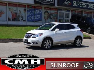 <b>LOADED !! NAVIGATION, REAR CAMERA, PARKING SENSORS, LANE DEPARTURE, BLIND SPOT, COLLISION SENSOR, BLUETOOTH, SUNROOF, LEATHER, POWER SEATS W/ DRIVER MEMORY, HEATED SEATS, HEATED STEERING WHEEL, DUAL CLIMATE CONTROL, REMOTE START, 18-INCH ALLOYS</b><br>      This  2016 Buick Encore is for sale today. <br> <br>Thanks to its quiet cabin, user-friendly technology features, and truly compact size, the 2016 Buick Encore is definitely worth a look. Inside, the distinctive styling carries over to a flowing instrument panel that wraps naturally into the door panels. A prominent central instrument panel houses the seven-inch, high-resolution, full-color display for the standard IntelliLink voice-activated infotainment system. This  SUV has 106,462 kms. Its  white in colour  . It has an automatic transmission and is powered by a  138HP 1.4L 4 Cylinder Engine. <br> <br> Our Encores trim level is Premium. The Premium trim adds features to this Encore that you expect on a much more expensive luxury car. It comes with a ton of safety tech, the Buick IntelliLink infotainment system with a 7-inch color touchscreen, Bluetooth, a USB port, SiriusXM, OnStar, and Bose 7-speaker premium audio, leather seats which are heated in front, a memory drivers seat, a heated, leather-wrapped steering wheel with audio and cruise control, remote start, dual-zone automatic climate control, a rear vision camera, QuietTuning and Bose active noise cancellation for a hushed interior, and more. This vehicle has been upgraded with the following features: Navigation, Back Up Camera, Lane Departure Warning, Blind Spot Sensor, Forward Crash Sensor, Sunroof, Leather Seats. <br> <br>To apply right now for financing use this link : <a href=https://www.cmhniagara.com/financing/ target=_blank>https://www.cmhniagara.com/financing/</a><br><br> <br/><br>Trade-ins are welcome! Financing available OAC ! Price INCLUDES a valid safety certificate! Price INCLUDES a 60-day limited warranty on all vehicles except classic or vintage cars. CMH is a Full Disclosure dealer with no hidden fees. We are a family-owned and operated business for over 30 years! o~o