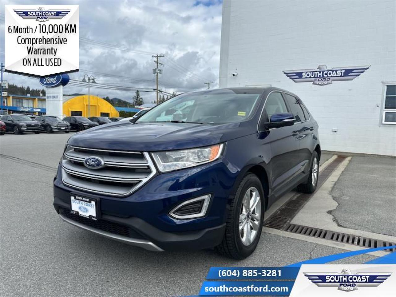 <b>Leather Seats, Technology Package, WHEELS: 18 POLISHED ALUMINUM, Class II Trailer Tow Package, Utility Package!</b><br> <br> <p style=color:Blue;><b>Upgrade your ride at South Coast Ford with peace of mind! Our used vehicles come with a minimum of 10,000 km and 6 months of Comprehensive Vehicle Warranty. Drive with confidence knowing your investment is protected.</b></p><br> <br> Compare at $22990 - Our Price is just $22404! <br> <br>   If youre looking for a stylish way to get people and cargo around comfortably and safely, this Edge is worth a serious look. This  2016 Ford Edge is for sale today in Sechelt. <br> <br>The Ford Edge can make you unstoppable. It has lots of space for people and cargo and its a genuine pleasure to drive. The craftsmanship and attention to detail inside and out are uncommonly good for a crossover in this price range. Take it for a spin today!This  SUV has 104,286 kms. Its  kona blue metallic in colour  . It has a 6 speed automatic transmission and is powered by a  245HP 2.0L 4 Cylinder Engine.  <br> <br> Our Edges trim level is SEL. The mid range SEL trim is a nice blend of features and value. It comes standard with SYNC with Bluetooth connectivity, SiriusXM, a 4.2-inch color screen, a rear view camera, a media hub with an aux jack and a USB port, heated seats, remote keyless entry, automatic headlamps, push-button start, steering wheel mounted audio and cruise control, dual-zone automatic climate control, and more. This vehicle has been upgraded with the following features: Leather Seats, Technology Package, Wheels: 18 Polished Aluminum, Class Ii Trailer Tow Package, Utility Package. <br> To view the original window sticker for this vehicle view this <a href=http://www.windowsticker.forddirect.com/windowsticker.pdf?vin=2FMPK4J91GBB45629 target=_blank>http://www.windowsticker.forddirect.com/windowsticker.pdf?vin=2FMPK4J91GBB45629</a>. <br/><br> <br>To apply right now for financing use this link : <a href=https://www.southcoastford.com/financing/ target=_blank>https://www.southcoastford.com/financing/</a><br><br> <br/><br> Buy this vehicle now for the lowest bi-weekly payment of <b>$173.18</b> with $0 down for 84 months @ 9.49% APR O.A.C. ( Plus applicable taxes -  $595 Administration Fee included    / Total Obligation of $31518  ).  See dealer for details. <br> <br>Call South Coast Ford Sales or come visit us in person. Were convenient to Sechelt, BC and located at 5606 Wharf Avenue. and look forward to helping you with your automotive needs.<br><br> Come by and check out our fleet of 20+ used cars and trucks and 80+ new cars and trucks for sale in Sechelt.  o~o