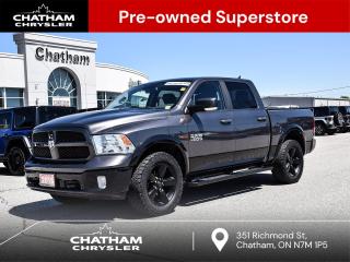 2018 Ram 1500 4D Crew Cab Outdoorsman Granite Crystal Metallic Clearcoat 7 Customizable Cluster Display, A/C w/Dual-Zone Automatic Temperature Control, Auto-Dim Exterior Mirror, Comfort Group, Exterior Mirrors w/Courtesy Lamps, Exterior Mirrors w/Turn Signals, Front Heated Seats, Glove Box Lamp, GPS Navigation, Heated Steering Wheel, Humidity Sensor, Leather-Wrapped Steering Wheel, LED Bed Lighting, Luxury Group, Outdoorsman Group, Overhead Console/Garage Door Opener, Power Folding Exterior Mirrors, Protection Group, Rear Dome Lamp w/On/Off Switch, Steering Wheel-Mounted Audio Controls, Sun Visors w/Illuminated Vanity Mirrors, Universal Garage Door Opener. Odometer is 14545 kilometers below market average! 4WD EcoDiesel 3.0L V6 8-Speed Automatic<br><br><br>Awards:<br>  * Canadian Car of the Year AJACs Best Pick-Up Truck In Canada For 2018<br><br><br>Here at Chatham Chrysler, our Financial Services Department is dedicated to offering the service that you deserve. We are experienced with all levels of credit and are looking forward to sitting down with you. Chatham Chrysler Proudly serves customers from London, Ridgetown, Thamesville, Wallaceburg, Chatham, Tilbury, Essex, LaSalle, Amherstburg and Windsor with no distance being ever too far! At Chatham Chrysler, WE CAN DO IT!