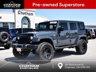 2018 Jeep Wrangler JK 4D Sport Utility Unlimited Sahara Rhino Clearcoat 4-Pin Wiring Harness, A/C Refrigerant, Body-Colour Grille w/Bright Accent, Class II Hitch Receiver, Front Bumper Accents, GPS Navigation, Quick Order Package 24G, Rear Bumper Accents, Trailer Tow Group. Odometer is 72448 kilometers below market average! 4WD Pentastar 3.6L V6 VVT 5-Speed Automatic<br><br><br>Reviews:<br>  * Owners typically rave about the Wranglers toughness, capability, heavy-duty feel, and go-anywhere-anytime attitude. The unique looks and quirky drive are part of the Wranglers charm for many drivers, and the availability of plenty of high-grade feature content drew many shoppers in. Notably, the new-for-2012 V6 engine is a smooth and punchy performer with power to spare, and should turn in notably improved fuel efficiency for drivers upgrading from pre-Pentastar Wranglers. Source: autoTRADER.ca<br><br><br>Here at Chatham Chrysler, our Financial Services Department is dedicated to offering the service that you deserve. We are experienced with all levels of credit and are looking forward to sitting down with you. Chatham Chrysler Proudly serves customers from London, Ridgetown, Thamesville, Wallaceburg, Chatham, Tilbury, Essex, LaSalle, Amherstburg and Windsor with no distance being ever too far! At Chatham Chrysler, WE CAN DO IT!
