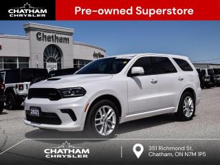 2021 Dodge Durango 4D Sport Utility GT Vice White AWD, 180-Amp Alternator, 2nd-Row Heated Seats, Auto-Dimming Exterior Driver Mirror, Bright Cargo Area Scuff Pads, Bright Front Door Sill Scuff Pads, Centre Console 115V Auxiliary Power Outlet, Dual Remote USB Charging Ports, Exterior Mirrors w/Memory Settings, Exterior Mirrors w/Turn Signals, Front Heated Seats, GPS Navigation, Heated Steering Wheel, Power 4-Way Driver & Passenger Lumbar Adjust, Power 8-Way Driver Memory 6-Way Passenger Seats, Power Multi-Function Manual Fold Mirrors, Premium Door Trim Panel, Quick Order Package 2BE, Radio/Driver Seat/Mirrors w/Memory, Remote Start System, Security Alarm, Sun Visors w/Illuminated Vanity Mirrors, Tungsten Accent Stitching, Universal Garage Door Opener. Odometer is 37665 kilometers below market average! AWD Pentastar 3.6L V6 VVT 8-Speed Automatic<br><br><br>Here at Chatham Chrysler, our Financial Services Department is dedicated to offering the service that you deserve. We are experienced with all levels of credit and are looking forward to sitting down with you. Chatham Chrysler Proudly serves customers from London, Ridgetown, Thamesville, Wallaceburg, Chatham, Tilbury, Essex, LaSalle, Amherstburg and Windsor with no distance being ever too far! At Chatham Chrysler, WE CAN DO IT!