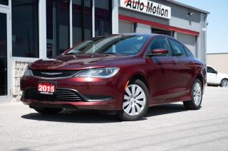 <p>Our 2015 Chrysler 200 LX Sedan in Velvet Red Pearlcoat is an exquisite blend of refined style and dynamic performance. Fueled by a 2.4 Litre Tigershark 4 Cylinder that offers 184hp perfectly matched to our class-exclusive 9 Speed Automatic transmission. This Front Wheel Drive Sedan rewards you with approximately 6.5L/100km on the road. With precise steering, impressive acceleration, and superb steadiness around turns, you'll be inspired to take the scenic route home in this fantastic sedan. Inside our LX, you will find a well-appointed interior and you'll be impressed with the attention to detail and superior craftsmanship. Enjoy the convenience of keyless ignition/entry and a 60/40-split-folding rear seat for versatility. Listen to whatever music suits your mood on a four-speaker sound system with USB/iPod integration and auxiliary audio input as you enjoy the art of driving in this Sedan. Of course, Chrysler is committed to keeping drivers and passengers safe and secure with active and passive safety and security features. A smooth ride, composed handling, and sleek style await you in this eager-to-please 200 LX sedan. Save this Page and Call for Availability. We Know You Will Enjoy Your Test Drive Towards Ownership! Errors and omissions excepted Good Credit, Bad Credit, No Credit - All credit applications are 100% processed! Let us help you get your credit started or rebuilt with our experienced team of professionals. Good credit? Let us source the best rates and loan that suits you. Same day approval! No waiting! Experience the difference at Chatham's award winning Pre-Owned dealership 3 years running! All vehicles are sold certified and e-tested, unless otherwise stated. Helping people get behind the wheel since 1999! If we don't have the vehicle you are looking for, let us find it! All cars serviced through our onsite facility. Servicing all makes and models. We are proud to serve southwestern Ontario with quality vehicles for over 16 years! Can't make it in? No problem! Take advantage of our NO FEE delivery service! Chatham-Kent, Sarnia, London, Windsor, Essex, Leamington, Belle River, LaSalle, Tecumseh, Kitchener, Cambridge, waterloo, Hamilton, Oakville, Toronto and the GTA.</p>