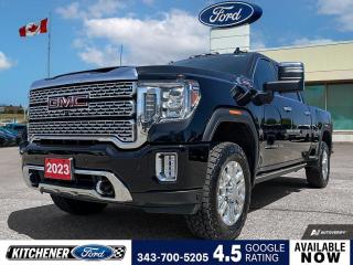 Onyx Black 2023 GMC Sierra 2500HD Denali 4D Crew Cab Duramax 6.6L V8 Turbodiesel 10-Speed Automatic 4WD 10-Speed Automatic, 4WD, Jet Black w/Perf Leather-Appointed Front Outboard Seat Trim, 10-Way Power Driver Seat Adjuster w/Lumbar, 10-Way Power Passenger Seat Adjuster w/Lumbar, 120-Volt Bed Mounted Power Outlet, 120-Volt Instrument Panel Power Outlet, 12-Volt Rear Auxiliary Power Outlet, 2 USB Ports, 2 USB Ports (1st Row), 2nd Row Dual USB Charge-Only Ports, 2-Speed Active Transfer Case, 3.73 Rear Axle Ratio, 4-Wheel Disc Brakes, 7 Speakers, ABS brakes, Air Conditioning, Alloy wheels, AM/FM radio, Apple CarPlay/Android Auto, Auto High-beam Headlights, Auto-dimming door mirrors, Auto-dimming Rear-View mirror, Automatic Emergency Braking, Automatic temperature control, Bed View Camera w/2 Trailer Camera Provisions, Bose Premium 7 Speaker Sound System, Brake assist, Bumpers: body-colour, Compass, Compass Located In Instrument Cluster, Deep-Tinted Glass, Delay-off headlights, Denali Ultimate Package, Driver Alert Package I, Driver Alert Package II, Driver door bin, Driver Memory, Driver vanity mirror, Dual front impact airbags, Dual front side impact airbags, Electric Rear-Window Defogger, Electrical Lock Control Steering Column, Electronic Stability Control, Exterior Parking Camera Rear, Floor-Mounted Centre Console, Following Distance Indicator, Forge Perforated Leather-Appointed Seat Trim, Forward Collision Alert, Front anti-roll bar, Front Bucket Seats, Front Chrome Recovery Hooks, Front dual zone A/C, Front fog lights, Front reading lights, Front wheel independent suspension, Fully automatic headlights, Garage door transmitter, Genuine wood console insert, Genuine wood door panel insert, GMC Connected Access Capable, HD Surround Vision w/2 Trailer View Camera Provisions, Heated & Ventilated Front Bucket Seats, Heated 2nd Row Outboard Seats, Heated door mirrors, Heated Driver & Front Outboard Passenger Seats, Heated front seats, Heated rear seats, Heated steering wheel, Heavy-Duty 80 Amp Battery, Hill Descent Control, Hitch Guidance w/Hitch View, Illuminated entry, Integrated Trailer Brake Controller, IntelliBeam Automatic High Beam On/Off, In-Vehicle Trailering System App, Keyless Open & Start, Lane Change Alert w/Side Blind Zone Alert, Lane Departure Warning System, LED Cargo Area Lighting, LED Smoked Amber Roof Marker Lamps, Low tire pressure warning, Manual Tilt-Wheel/Telescoping Steering Column, Memory seat, Multicolour 15 Diagonal Head-Up Display, Navigation System, Occupant sensing airbag, Off-Road Suspension, OnStar & GMC Connected Services Capable, Outside temperature display, Overhead airbag, Overhead console, Panic alarm, Passenger door bin, Passenger vanity mirror, Pickup Box, Polished Exhaust Tip, Power Door Locks, Power door mirrors, Power driver seat, Power Front Passenger Windows w/Express Up/Down, Power passenger seat, Power Rear Windows w/Express Down, Power Sliding Rear Window w/Defogger, Power steering, Power Sunroof, Power windows, Power Windows w/Driver Express Up/Down, Power-Retractable Assist Steps, Preferred Equipment Group 5SA, Premium audio system: Premium GMC Infotainment System, Radio: AM/FM w/Prem GMC Infotainment System & Navi, Rear Camera Mirror, Rear Cross Traffic Alert, Rear reading lights, Rear step bumper, Rear Wheelhouse Liners, Rear window defroster, Remote keyless entry, Remote Vehicle Starter System, Safety Alert Seat, Security system, Signature Denali Grille, SiriusXM w/360L, Speed control, Speed-sensing steering, Split folding rear seat, Spray-On Pickup Box Bed Liner w/Denali Logo, Steering Wheel Audio Controls, Steering wheel mounted audio controls, Tachometer, Technology Package, Telescoping steering wheel, Tilt steering wheel, Traction control, Trip computer, Turn signal indicator mirrors, Ultrasonic Front & Rear Park Assist, Unauthorized Entry Theft-Deterrent System, Universal Home Remote, Variably intermittent wipers, Ventilated front seats, Voltmeter, Wheels: 20 Multi-Dimensi
