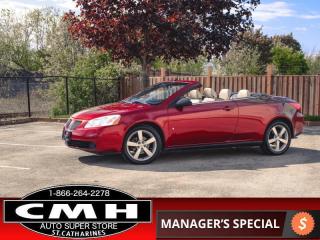 <b>UNDER 100,000 KMS !! CONVERTIBLE !! 2 DOOR V6 !! STEERING WHEEL AUDIO CONTROLS, CRUISE CONTROL, AUXILIARY PORT, BEIGE LEATHER, POWER DRIVER SEAT, HEATED FRONT SEATS, POWER GROUP, AIR CONDITIONING, REMOTE START, LIP SPOILER, 18-INCH ALLOY WHEELS</b><br>      This  2009 Pontiac G6 is for sale today. <br> <br>This  convertible has 98,182 kms. Its  red in colour  . It has an automatic transmission and is powered by a  219HP 3.5L V6 Cylinder Engine.  This vehicle has been upgraded with the following features: Steering Wheel Controls, Cruise, Leather Seats, Drivers Power Seat, Heated Front Seats, Remote Engine Start, Hardtop Convertible. <br> <br>To apply right now for financing use this link : <a href=https://www.cmhniagara.com/financing/ target=_blank>https://www.cmhniagara.com/financing/</a><br><br> <br/><br>Trade-ins are welcome! Financing available OAC ! Price INCLUDES a valid safety certificate! Price INCLUDES a 60-day limited warranty on all vehicles except classic or vintage cars. CMH is a Full Disclosure dealer with no hidden fees. We are a family-owned and operated business for over 30 years! o~o