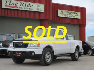 <p>**SOLD**</p><p>2008 Ford Ranger Sport Super Cab 4X4</p><p>4.0LTR V6<br>ONLY 127,000kms!<br>A/C<br>Tilt<br>Cruise<br>Power windows<br>Power locks<br>Power mirrors<br>5 passengers<br>AM/FM radio<br>Alloy wheels<br>Fog lights<br>Original Manitoba truck!</p><p>$16,975 Safetied<br>Financing and Warranty Available at Fine Ride Auto Sales Ltd<br>www.FineRideAutoSales.ca</p><p>Call: 204-415-3300 or 1-855-854-3300<br>Text: 204-226-1790<br>View in person at: Unit 3-3000 Main Street</p><p>DLR# 4614<br>**Plus applicable taxes***</p><p></p><p style=text-align:center;><i><strong><u>***NEW HOURS EFFECTIVE MAY 15, 2024***</u></strong></i></p><p style=text-align:center;>Monday                9am to 6pm<br>Tuesday               9am to 6pm<br>Wednesday               9am to 6pm<br>Thursday                9am to 6pm<br>Friday                9am to 5pm<br>Saturday                   10am to 2pm<br>Sunday                    CLOSED</p><p style=text-align:center;><i><strong>***CLOSED SATURDAY, SUNDAY & MONDAYS FOR LONG WEEKENDS***</strong></i></p>