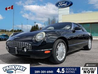 Black 2002 Ford Thunderbird Standard 2D Convertible 3.9L V8 DOHC 32V 5-Speed Automatic with Overdrive RWD Air Conditioning, Alloy wheels, AM/FM radio, Convertible HardTop, Delay-off headlights, Driver door bin, Driver vanity mirror, Front Bucket Seats, Front reading lights, Fully automatic headlights, Passenger door bin, Power steering, Power windows, Rear window defroster, Remote keyless entry, Variably intermittent wipers.