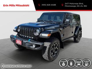 2.0L I4 DOHC.<br><br>Recent Arrival! Odometer is 28867 kilometers below market average!<br><br><br>2021 Black Clearcoat Jeep Wrangler Unlimited Rubicon 4xe<br><br>Vehicle Price and Finance payments include OMVIC Fee and Fuel. Erin Mills Mitsubishi is proud to offer a superior selection of top quality pre-owned vehicles of all makes. We stock cars, trucks, SUVs, sports cars, and crossovers to fit every budget!! We have been proudly serving the cities and towns of Kitchener, Guelph, Waterloo, Hamilton, Oakville, Toronto, Windsor, London, Niagara Falls, Cambridge, Orillia, Bracebridge, Barrie, Mississauga, Brampton, Simcoe, Burlington, Ottawa, Sarnia, Port Elgin, Kincardine, Listowel, Collingwood, Arthur, Wiarton, Brantford, St. Catharines, Newmarket, Stratford, Peterborough, Kingston, Sudbury, Sault Ste Marie, Welland, Oshawa, Whitby, Cobourg, Belleville, Trenton, Petawawa, North Bay, Huntsville, Gananoque, Brockville, Napanee, Arnprior, Bancroft, Owen Sound, Chatham, St. Thomas, Leamington, Milton, Ajax, Pickering and surrounding areas since 2009.
