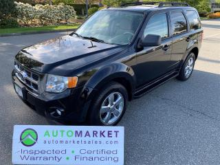 EXCEPTIONALLY CLEAN AND BEAUTIFUL AWD ESCAPE WITH NO ACCIDENTS AND LOCAL VANCOUVER SINCE NEW. GREAT FINANCING, FREE WARRANTY, FULLY INSPECTED W/BCAA MEMBERSHIP!<br /><br />Welcome to the Automarket, your community dealership of "YES".  We are featuring a spectacular condition 2010 Ford Escape with heated Leatrher Seats, Power Glass Moonroof and AWD Powertrain. This is a local SUV with NO Accident claims ever.<br /><br />Having been fully inspected, we know that the Brakes are 80% New and the Tires are 60% New in the Front and 80% New in the Rear. We have also changed the oil and fully detailed the vehicle for your safety and enjoyment.<br /><br />2 LOCATIONS TO SERVE YOU, BE SURE TO CALL FIRST TO CONFIRM WHERE THE VEHICLE IS PARKED<br />WHITE ROCK 604-542-4970 LANGLEY 604-533-1310 OWNER'S CELL 604-649-0565<br /><br />We are a family owned and operated business since 1983 and we are committed to offering outstanding vehicles backed by exceptional customer service, now and in the future.<br />What ever your specific needs may be, we will custom tailor your purchase exactly how you want or need it to be. All you have to do is give us a call and we will happily walk you through all the steps with no stress and no pressure.<br />WE ARE THE HOUSE OF YES?<br />ADDITIONAL BENFITS WHEN BUYING FROM SK AUTOMARKET:<br />ON SITE FINANCING THROUGH OUR 17 AFFILIATED BANKS AND VEHICLE FINANCE COMPANIES<br />IN HOUSE LEASE TO OWN PROGRAM.<br />EVRY VEHICLE HAS UNDERGONE A 120 POINT COMPREHENSIVE INSPECTION<br />EVERY PURCHASE INCLUDES A FREE POWERTRAIN WARRANTY<br />EVERY VEHICLE INCLUDES A COMPLIMENTARY BCAA MEMBERSHIP FOR YOUR SECURITY<br />EVERY VEHICLE INCLUDES A CARFAX AND ICBC DAMAGE REPORT<br />EVERY VEHICLE IS GUARANTEED LIEN FREE<br />DISCOUNTED RATES ON PARTS AND SERVICE FOR YOUR NEW CAR AND ANY OTHER FAMILY CARS THAT NEED WORK NOW AND IN THE FUTURE.<br />36 YEARS IN THE VEHICLE SALES INDUSTRY<br />A+++ MEMBER OF THE BETTER BUSINESS BUREAU<br />RATED TOP DEALER BY CARGURUS 2 YEARS IN A ROW<br />MEMBER IN GOOD STANDING WITH THE VEHICLE SALES AUTHORITY OF BRITISH COLUMBIA<br />MEMBER OF THE AUTOMOTIVE RETAILERS ASSOCIATION<br />COMMITTED CONTRIBUTER TO OUR LOCAL COMMUNITY AND THE RESIDENTS OF BC<br /><br /><br /><br /> This vehicle has been Fully Inspected, Certified and Qualifies for Our Free Extended Warranty.Don't forget to ask about our Great Finance and Lease Rates. We also have a Options for Buy Here Pay Here and Lease to Own for Good Customers in Bad Situations. 2 locations to help you, White Rock and Langley. Be sure to call before you come to confirm the vehicles location and availability or look us up at www.automarketsales.com. White Rock 604-542-4970 and Langley 604-533-1310. Serving Surrey, Delta, Langley, Richmond, Vancouver, all of BC and western Canada. Financing & leasing available. CALL SK AUTOMARKET LTD. 6045424970. Call us toll-free at 1 877 813-6807. $495 Documentation fee and applicable taxes are in addition to advertised prices.<br />LANGLEY LOCATION DEALER# 40038<br />S. SURREY LOCATION DEALER #9987<br />