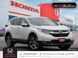 <p><strong>HONDA CERTIFIED USED VEHICLE! WORTH TAKING A LOOK AT! HIGH VALUE FEATURES INCLUDED! </strong>2019 Honda CR-V EX featuring CVT transmission, five passenger seating, power sunroof, Apple CarPlay and Android Auto connectivity, Siri® Eyes Free compatibility, ECON mode, Bluetooth, AM/FM audio system with two USB inputs, steering wheel mounted controls, cruise control, air conditioning, dual climate zones, heated front seats, rearview camera with dynamic guidelines, 12V power outlet, power mirrors, power locks, power windows, 60/40 split fold-down rear seatback, Anchors and Tethers for Children (LATCH) , The Honda Sensing Technologies - Adaptive Cruise Control, Forward Collision Warning system, Collision Mitigation Braking system, Lane Departure Warning system, Lane Keeping Assist system and Road Departure Mitigation system, remote keyless entry with trunk release, auto on/off headlights, electronic stability control and anti-lock braking system. Contact Cambridge Centre Honda for special discounted finance rates, as low as 8.99%, on approved credit from Honda Financial Services.</p>

<p><span style=color:#ff0000><strong>FREE $25 GAS CARD WITH TEST DRIVE!</strong></span></p>

<p>Our philosophy is simple. We believe that buying and owning a car should be easy, enjoyable and transparent. Welcome to the Cambridge Centre Honda Family! Cambridge Centre Honda proudly serves customers from Cambridge, Kitchener, Waterloo, Brantford, Hamilton, Waterford, Brant, Woodstock, Paris, Branchton, Preston, Hespeler, Galt, Puslinch, Morriston, Roseville, Plattsville, New Hamburg, Baden, Tavistock, Stratford, Wellesley, St. Clements, St. Jacobs, Elmira, Breslau, Guelph, Fergus, Elora, Rockwood, Halton Hills, Georgetown, Milton and all across Ontario!</p>