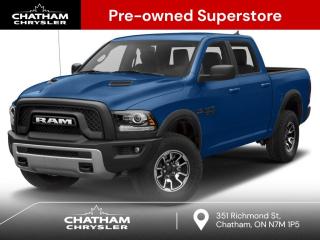 2017 Ram 1500 4D Crew Cab Rebel Blue Streak Pearlcoat Auto-Dimming Exterior Driver Mirror, Auto-Dimming Rear-View Mirror, Black 5.7L Hemi Badge, Black Power Fold Heated Mirrors w/Signals, Black Ram 1500 Badge, Bright Dual Rear Exhaust Tips, Exterior Mirrors w/Courtesy Lamps, Exterior Mirrors w/Turn Signals, Glove Box Lamp, GPS Navigation, Luxury Group, Overhead Console/Garage Door Opener, Pickup Box Lighting, Power Folding Exterior Mirrors, Quick Order Package 26W Rebel, Ram Glove Box Badge, Rear Dome Lamp w/On/Off Switch, Sun Visors w/Illuminated Vanity Mirrors, Underhood Lamp, Universal Garage Door Opener. 4WD HEMI 5.7L V8 VVT 8-Speed Automatic<br><br><br>Here at Chatham Chrysler, our Financial Services Department is dedicated to offering the service that you deserve. We are experienced with all levels of credit and are looking forward to sitting down with you. Chatham Chrysler Proudly serves customers from London, Ridgetown, Thamesville, Wallaceburg, Chatham, Tilbury, Essex, LaSalle, Amherstburg and Windsor with no distance being ever too far! At Chatham Chrysler, WE CAN DO IT!