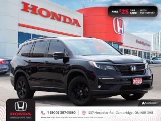 <p><strong>HONDA CERTIFIED USED VEHICLE! LOW MILEAGE! ONE PREVIOUS OWNER! </strong>2022 Honda Pilot TrailSport featuring nine speed automatic transmission, seven passenger seating, leather interior, power moonroof, leather wrapped steering wheel, rearview camera with dynamic guidelines, push button start, wireless charging, remote engine starter, Apple CarPlay and Android Auto connectivity, Siri® Eyes Free compatibility, ECON mode, Bluetooth, AM/FM audio system with two USB inputs, steering wheel mounted controls, cruise control, air conditioning, dual climate zones, heated front seats, two 12V power outlet, power mirrors, power locks, power windows, Anchors and Tethers for Children (LATCH), The Honda Sensing Technologies - Adaptive Cruise Control, Forward Collision Warning system, Collision Mitigation Braking system, Lane Departure Warning system, Lane Keeping Assist system and Road Departure Mitigation system, Blind Spot Information (BSI) system with Rear Cross Traffic Monitor system, remote keyless entry, auto on/off headlights, LED fog lights, electronic stability control and anti-lock braking system. Contact Cambridge Centre Honda for special discounted finance rates, as low as 8.99%, on approved credit from Honda Financial Services.</p>

<p><span style=color:#ff0000><strong>FREE $25 GAS CARD WITH TEST DRIVE!</strong></span></p>

<p>Our philosophy is simple. We believe that buying and owning a car should be easy, enjoyable and transparent. Welcome to the Cambridge Centre Honda Family! Cambridge Centre Honda proudly serves customers from Cambridge, Kitchener, Waterloo, Brantford, Hamilton, Waterford, Brant, Woodstock, Paris, Branchton, Preston, Hespeler, Galt, Puslinch, Morriston, Roseville, Plattsville, New Hamburg, Baden, Tavistock, Stratford, Wellesley, St. Clements, St. Jacobs, Elmira, Breslau, Guelph, Fergus, Elora, Rockwood, Halton Hills, Georgetown, Milton and all across Ontario!</p>