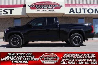 **Cash Price: $55,800. Finance Price: $54,800. (SAVE $1,000 OFF THE LISTED CASH PRICE WITH DEALER ARRANGED FINANCING O.A.C.) Plus PST/GST. No Administration Fees!! 

THE ALL NEW, FOR 2022 Toyota Tundra TRD OFF ROAD 4X4 EDITION, i-FORCE 3.5 TWIN TURBO V6 389hp/429tq, 10-SPEED TRANSMISSION, 4X4, WELL EQUIPPED WITH THE RIGHT OPTIONS,  JUST TRADED WITH A PERFECT HISTORY. COMPLETELY RE-DESIGNED TUNDRA WITH THE ALL NEW i-FORCE TWIN TURBO V6. COMPLETELY STUNNING TRUCK INSIDE AND OUT!

- 3.5L i-FORCE intercooled Twin-Turbo Amazing 389HP/479 ft lbs & 10-liters/100km rated!!
- 10-Speed automatic with multi-modes for towing and crawling
- Auto 4x4 with 2 stage transfer case 
- Drive mode select (sport, eco and normal)
- Power Heated adjustable Sport bucket seats (with full large center console)
- Heated steering wheel
-Toyota’s new big high resolution super fast Multimedia touchscreen all anti glare!
- Navigation, Bluetooth, apple Carplay and Android projection both wireless!
- Back up camera with complete with 360-degree Panoramic view monitor, truck bed monitor, Back Guide Monitor
- Dual Auto Climate control
- Smart Key w/Push Button Start + Tailgate
- Auto-High beam
- Right/Left Turn Oncoming Pedestrian Detection/Braking	
- Lane Tracing Assist	
- Left Turn Oncoming Vehicle Detection/Braking	
- Pre-Collision System with Pedestrian Detection, Cyclist Detection and Night Time Pedestrian Detection	
- Dynamic Radar Cruise Control	
- Lane Departure Alert with Steering Assist	
- Pre-Collision System with Risk Avoidance Emergency Steering Assist	
- Sway Warning System
- Tailgate Release bump switch
- wireless charging
- Toyota Assistant
- Tow package with Trailer Backup guide and Trailer brake controller
- TRD Off Road appearance and suspension Package 
- led lighting inside and out
- Factory Box liner
- Soft top Tonneau cover
- 18” TRD Sport alloy wheels on Newer Upgraded AT3 tires
- and so much more,  Read below for more info... 

THE ALL-NEW COMPLETELY RE-DESIGNED TOYOTA TUNDRA! THIS ALL NEW FOR 2022 TUNDRA INCLUDES THE AMZINGLY POWERFUL AND FUEL ECONOMY WISE i-FORCE TWIN TURBO ENGINE PRODUCING AN AMZING 389HP/479FTLBS TORQUE, ALL NEW 10-SPEED TRANSMISSION AND THAT’S JUST THE POWER TRAIN!! STUNNING NEW LOOKS OUTSIDE AND A UNBELIVABLE TRANSFORMATION INSIDE INCLUDING THE LARGE MULTIMEDIA CENTER. These new Tundra’s are amazing in performance and The TRD Off Road is well equipped with options and great looks! You must see this truck! Come and fall in love with this beautiful  All Black TRD Off Road, top of the line in safety, power and comfort you cannot beat the new Tundra!
 
Comes with a fresh Manitoba Safety Certification, an Accident-Free 1 owner Local CARFAX history report, Lots of the Factory Toyota Warranty  and we have many extended warranty options available to choose from up to 10 YEARS!!! Zero down financing OAC. Please see dealer for details. Trades accepted. View at Winnipeg West Automotive Group, 5195 Portage Ave. Dealer permit # 4365, Call now 1 (888) 601-3023