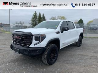 <b>Head Up Display,  Sunroof,  Off Road Suspension,  Bose Premium Audio,  Leather Seats!</b><br> <br>    This professional grade Sierra 1500 has the proven GMC power you expect from your truck, ensuring that every haul, every trailering experience, and every family trip is handled like a pro. This  2023 GMC Sierra 1500 is fresh on our lot in Orleans. <br> <br>This redesigned GMC Sierra 1500 stands out against all other pickup trucks, with sharper, more powerful proportions that creates a commanding stance on and off the road. Next level comfort and technology is paired with its outstanding performance and capability. Inside, the Sierra 1500 supports you through rough terrain with expertly designed seats and a pro grade suspension. Inside, youll find an athletic and purposeful interior, designed for your active lifestyle. Get ready to live like a pro in this amazing GMC Sierra 1500! This  Crew Cab 4X4 pickup  has 20,962 kms. Its  white in colour  . It has an automatic transmission and is powered by a  420HP 6.2L 8 Cylinder Engine. <br> <br> Our Sierra 1500s trim level is AT4X. Taking your off road adventures to the max, this highly capable GMC Sierra 1500 AT4X comes fully loaded with an upgraded off-road suspension that features Multimatic DSSV spool-valve dampers and underbody skid plates, full grain leather seats with authentic Vanta Ash wood trim, exclusive aluminum wheels, body-coloured exterior accents and a massive 13.4 inch touchscreen display that features wireless Apple CarPlay and Android Auto, 12 speaker Bose premium audio system, SiriusXM, and a 4G LTE hotspot. Additionally, this amazing pickup truck also features a power sunroof, spray-in bedliner, wireless device charging, IntelliBeam LED headlights, remote engine start, forward collision warning and lane keep assist, a trailer-tow package with hitch guidance, LED cargo area lighting, heads up display, heated and cooled seats with massage function, ultrasonic parking sensors, an HD surround vision camera plus so much more! This vehicle has been upgraded with the following features: Head Up Display,  Sunroof,  Off Road Suspension,  Bose Premium Audio,  Leather Seats,  Cooled Seats,  Skid Plates. <br> <br>To apply right now for financing use this link : <a href=https://www.myersorleansgm.ca/FinancePreQualForm target=_blank>https://www.myersorleansgm.ca/FinancePreQualForm</a><br><br> <br/><br> Buy this vehicle now for the lowest bi-weekly payment of <b>$581.90</b> with $0 down for 96 months @ 9.99% APR O.A.C. ( Plus applicable taxes -  Plus applicable fees   ).  See dealer for details. <br> <br>*MYERS LIFETIME ENGINE AND TRANSMISSION COVERAGE CERTIFICATE NOT AVAILABLE ON VEHICLES WITH KMS EXCEEDING 140,000KM, VEHICLES 8 YEARS & OLDER, OR HIGHLINE BRAND VEHICLE(eg. BMW, INFINITI. CADILLAC, LEXUS...)<br> Come by and check out our fleet of 30+ used cars and trucks and 180+ new cars and trucks for sale in Orleans.  o~o