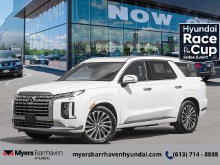 <b>Heads Up Display,  Cooled Seats,  Sunroof,  Leather Seats,  Premium Audio!</b><br> <br> <br> <br>  Filling a huge gap in the Hyundai line-up is only one reason Hyundai brought you this 3 row SUV Palisade. <br> <br>Big enough for your busy and active family, this Hyundai Palisade returns for 2024, and is good as ever. With a features list that would fit in with the luxury SUV segment attached to a family friendly interior, this Palisade was made to take the SUV segment by storm. For the next classic SUV people are sure to talk about for years, look no further than this Hyundai Palisade. <br> <br> This hyper white SUV  has an automatic transmission and is powered by a  291HP 3.8L V6 Cylinder Engine.<br> <br> Our Palisades trim level is Ultimate Calligraphy 7-Passenger. With luxury features like a heads up display, a two row sunroof, and heated and cooled Nappa leather seats, this Palisade Ultimate Calligraphy proves family friendly does not have to be boring for adults. This trim also adds navigation, a 12 speaker Harman Kardon premium audio system, a power liftgate, remote start, and a 360 degree parking camera. This amazing SUV keeps you connected on the go with touchscreen infotainment including wireless Android Auto, Apple CarPlay, wi-fi, and a Bluetooth hands free phone system. A heated steering wheel, memory settings, proximity keyless entry, and automatic high beams provide amazing luxury and convenience. This family friendly SUV helps keep you and your passengers safe with lane keep assist, forward collision avoidance, distance pacing cruise with stop and go, parking distance warning, blind spot assistance, and driver attention monitoring. This vehicle has been upgraded with the following features: Heads Up Display,  Cooled Seats,  Sunroof,  Leather Seats,  Premium Audio,  Power Liftgate,  Remote Start. <br><br> <br/> See dealer for details. <br> <br><br> Come by and check out our fleet of 30+ used cars and trucks and 90+ new cars and trucks for sale in Ottawa.  o~o