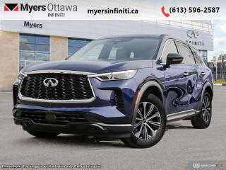 <b>Sunroof,  Leather Seats,  Power Liftgate,  Wireless Charging Pad,  Wi-Fi Hotspot!</b><br> <br> <br> <br>  A smooth ride, a nicely appointed interior, and an easy-access third row highlight this seven-seat Infiniti QX60. <br> <br>This Infiniti QX60 is transforming the seven-passenger crossover segment with a harmonious connection between expressive design, attention to detail, and intuitive technology. Dont let its beauty fool you though. This QX60 can handle the toughest roads.  Experience luxury made sensory and desire with unprecedented potential.<br> <br> This grand blue SUV  has an automatic transmission and is powered by a  295HP 3.5L V6 Cylinder Engine.<br> <br> Our QX60s trim level is PURE. This luxurious SUV is decked with great standard features such as a dual-panel glass sunroof with a power sunshade, a power liftgate for rear cargo access, leather-trimmed heated front seats with lumbar support, a heated leather-wrapped steering wheel, and dual-zone front climate control. Infotainment duties are handled by a 12.3-inch display with Apple CarPlay, Android Auto and SiriusXM, which is paired with a 9-speaker audio setup. Additional features include lane departure warning, front and rear collision mitigation, blind spot warning, and mobile device wireless charging. This vehicle has been upgraded with the following features: Sunroof,  Leather Seats,  Power Liftgate,  Wireless Charging Pad,  Wi-fi Hotspot,  Heated Steering Wheel,  Blind Spot Detection. <br><br> <br>To apply right now for financing use this link : <a href=https://www.myersinfiniti.ca/finance/ target=_blank>https://www.myersinfiniti.ca/finance/</a><br><br> <br/>    6.99% financing for 84 months. <br> Buy this vehicle now for the lowest bi-weekly payment of <b>$512.78</b> with $0 down for 84 months @ 6.99% APR O.A.C. ( taxes included, $821  and licensing fees    ).  Incentives expire 2024-05-31.  See dealer for details. <br> <br><br> Come by and check out our fleet of 30+ used cars and trucks and 100+ new cars and trucks for sale in Ottawa.  o~o