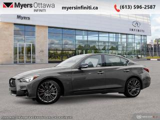 <b>Leather Seats,  Sunroof,  Apple CarPlay,  Android Auto,  Remote Start!</b><br> <br> <br> <br>  This 2024 Infiniti Q50 promises a smooth and satisfying powertrain, great outward visibility, and gorgeous bodywork. <br> <br>This gorgeous Infiniti Q50 is a meticulously engineered sports sedan, built with fun and comfort in mind. Impressive technology, adequate ergonomics and stellar dynamics make this Q50 a strong contender in this competitive vehicle class. Also bundled with cutting edge driver-assistive and safety systems, this 2024 Infiniti Q50 checks all the boxes and remains a desirable and versatile sports sedan.<br> <br> This graphite shadow sedan  has an automatic transmission and is powered by a  400HP 3.0L V6 Cylinder Engine.<br> <br> Our Q50s trim level is Red Sport I-LINE ProACTIVE. This Q50 has all the cool tech you need with Infiniti InTouch dual display infotainment with wireless Apple CarPlay and Android Auto, Siri EyesFree, Bluetooth hands free phone assistant, Wi-Fi, and streaming audio. Convenience features include heated seats and steering wheel, power liftgate, and forward emergency braking. The exterior features chrome exhaust tips, alloy wheels, rain sensing wipers, automatic LED lighting with fog lamps, and stylish perimeter approach lights. This Red Sport I-Line trim also comes with performance suspension, exclusive wheels, blacked out exterior trim, quilted leather seats with red accents, navigation, leather seats, a sunroof, Bose CentrePoint Audio, distance pacing, remote start, parking sensors, bling spot warning, and a 360 degree parking camera. This vehicle has been upgraded with the following features: Leather Seats,  Sunroof,  Apple Carplay,  Android Auto,  Remote Start,  Navigation,  Bose Performance Audio. <br><br> <br>To apply right now for financing use this link : <a href=https://www.myersinfiniti.ca/finance/ target=_blank>https://www.myersinfiniti.ca/finance/</a><br><br> <br/>    0% financing for 24 months. 4.99% financing for 84 months. <br> Buy this vehicle now for the lowest bi-weekly payment of <b>$521.57</b> with $0 down for 84 months @ 4.99% APR O.A.C. ( taxes included, $821  and licensing fees    ).  Incentives expire 2024-05-31.  See dealer for details. <br> <br><br> Come by and check out our fleet of 30+ used cars and trucks and 100+ new cars and trucks for sale in Ottawa.  o~o