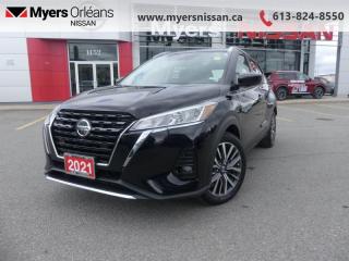 <b>Android Auto, Apple CarPlay, Alloy Wheels, Fog Lights, Remote Keyless Entry, Steering Wheel Audio Control, Active Emergency Braking, Blind Spot Monitoring</b><br> <br>  Compare at $23380 - Our Price is just $22699! <br> <br>   Versatile, stylish, and comfortable, this 2021 Nissan Kicks is sure to never cramp your style. This  2021 Nissan Kicks is fresh on our lot in Orleans. <br> <br>One of the best compact crossovers on the market, the 2021 Nissan Kicks manages to stand out, thanks to its style, comfort, and size. In a world of monotonous compact crossovers, the Kicks has a lot of unique styling and technology that make it a real contender. Whether getting the weekly groceries or hauling you and yours for a weekend getaway, rest assured that this Nissan Kicks pull it all off in style and comfort.This  SUV has 16,619 kms. Its  super black in colour  . It has an automatic transmission and is powered by a  122HP 1.6L 4 Cylinder Engine.  This unit has some remaining factory warranty for added peace of mind. <br> <br> Our Kickss trim level is SV. Stepping up to the Kicks SV will get some awesome style and convenience with fog lights, heated power side mirrors, rear view camera, blind spot and lane departure warning, impressive array of air bags, intelligent automatic emergency braking, aluminum wheels, intelligent automatic headlights, and Advanced Drive Assist Display in the instrument cluster to help you on the drive and remote keyless entry, automatic climate control, heated front seats, steering wheel mounted cruise and audio control, a touchscreen, Android Auto and Apple CarPlay compatibility, Bluetooth, SiriusXM, and USB and aux jacks for astounding comfort and connectivity.<br> <br/><br>We are proud to regularly serve our clients and ready to help you find the right car that fits your needs, your wants, and your budget.And, of course, were always happy to answer any of your questions.Proudly supporting Ottawa, Orleans, Vanier, Barrhaven, Kanata, Nepean, Stittsville, Carp, Dunrobin, Kemptville, Westboro, Cumberland, Rockland, Embrun , Casselman , Limoges, Crysler and beyond! Call us at (613) 824-8550 or use the Get More Info button for more information. Please see dealer for details. The vehicle may not be exactly as shown. The selling price includes all fees, licensing & taxes are extra. OMVIC licensed.Find out why Myers Orleans Nissan is Ottawas number one rated Nissan dealership for customer satisfaction! We take pride in offering our clients exceptional bilingual customer service throughout our sales, service and parts departments. Located just off highway 174 at the Jean DÀrc exit, in the Orleans Auto Mall, we have a huge selection of Used vehicles and our professional team will help you find the Nissan that fits both your lifestyle and budget. And if we dont have it here, we will find it or you! Visit or call us today.<br>*LIFETIME ENGINE TRANSMISSION WARRANTY NOT AVAILABLE ON VEHICLES WITH KMS EXCEEDING 140,000KM, VEHICLES 8 YEARS & OLDER, OR HIGHLINE BRAND VEHICLE(eg. BMW, INFINITI. CADILLAC, LEXUS...)<br> Come by and check out our fleet of 50+ used cars and trucks and 110+ new cars and trucks for sale in Orleans.  o~o