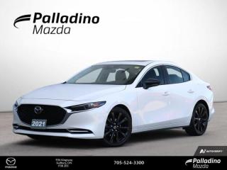 <b>BRAND NEW FRONT AND REAR BRAKE PADS AND ROTORS <br><br>Low Mileage, Navigation,  Leather Seats,  Sunroof,  Premium Audio,  Lane Keep Assist!<br> <br></b><br>     Complete with all the modern technology and comfort expected of a new sedan, the 2021 Mazda3 is ready to help you unfold the next chapter of your life. This  2021 Mazda Mazda3 is fresh on our lot in Sudbury. <br> <br>Like all Mazdas, this 2021 Mazda3 was built with one thing in mind: you. Born from our obsession with creating beautiful vehicles and expressed through our design language called Kodo: which means Soul of Motion Mazda aimed to capture movement, even while standing still. Stepping inside its elegant and airy cabin, youll feel right at home with ultra comfortable seats, a perfectly positioned steering wheel, and top notch technology for the modern era.This low mileage  sedan has just 23,602 kms. Its  snowflake white in colour  . It has an automatic transmission and is powered by a  2.5L I4 16V GDI DOHC Turbo engine.  This unit has some remaining factory warranty for added peace of mind. <br> <br> Our Mazda3s trim level is GT w/Turbo i-ACTIV. This top of the line all wheel drive GT offers more luxury, safety and convenience with features such as navigation, a power sunroof, leather heated seats, a Bose premium audio system with 12 speakers and SiriusXM. Additional features include a large 8.8 inch colour touchscreen with Mazda Connect, Apple CarPlay and Android Auto, larger aluminum wheels, LED adaptive front-lighting, a heated leather steering wheel, lane keep assist, a Smart City brake system and distance pacing cruise control. You will also get a blind spot monitoring system with rear cross traffic alert, a proximity key for push button start and advanced keyless entry.<br> This vehicle has been upgraded with the following features: Navigation,  Leather Seats,  Sunroof,  Premium Audio,  Lane Keep Assist,  Heated Steering Wheel,  Heated Seats. <br> <br>To apply right now for financing use this link : <a href=https://www.palladinomazda.ca/finance/ target=_blank>https://www.palladinomazda.ca/finance/</a><br><br> <br/><br>Palladino Mazda in Sudbury Ontario is your ultimate resource for new Mazda vehicles and used Mazda vehicles. We not only offer our clients a large selection of top quality, affordable Mazda models, but we do so with uncompromising customer service and professionalism. We takes pride in representing one of Canadas premier automotive brands. Mazda models lead the way in terms of affordability, reliability, performance, and fuel efficiency.The advertised price is for financing purchases only. All cash purchases will be subject to an additional surcharge of $2,501.00. This advertised price also does not include taxes and licensing fees.<br> Come by and check out our fleet of 100+ used cars and trucks and 90+ new cars and trucks for sale in Sudbury.  o~o
