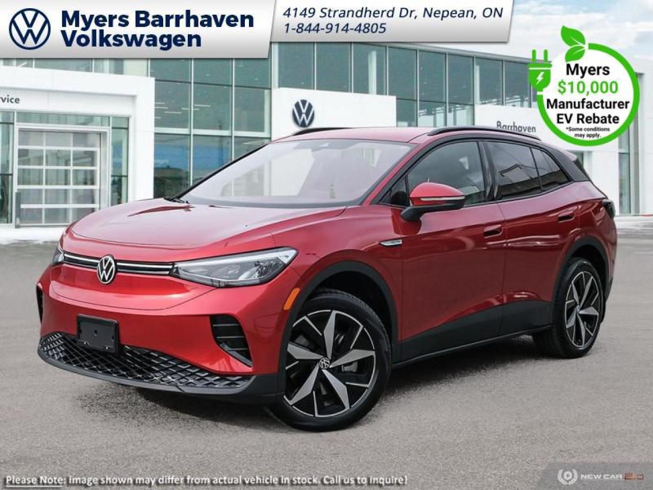 <b>Tow Package,  Electric Vehicle,  Fast Charging,  Navigation,  Wireless Charging!</b><br> <br> <br> <br>  This 2024 Volkswagen ID.4 is a cleverly-engineered EV that balances exciting performance with class-leading driving range. <br> <br>Featuring a minimalist but stylish and clean exterior design, this 2024 ID.4 offers a contemporary design with a host of cutting-edge technology systems. The cabin is uncluttered and intuitive, with ergonomic seats, high quality trim pieces and an abundance of space for passenger comfort, and cargo. With impressive electric driving range, rapid charging times, and a suite of intelligent driver assistance packages, this 2024 Volkswagen ID.4 truly is an electric crossover for the masses.<br> <br> This aurora red chroma SUV  has an automatic transmission and is powered by a  Electric engine.<br> <br> Our ID.4s trim level is Pro AWD. Standard features on this VW ID.4 Pro AWD include dual motors with extended driving range and fast charging, class II tow equipment with a trailer wiring harness, heated front seats and a heated steering wheel, wireless charging for mobile devices, adaptive cruise control, dual-zone climate control, and a 12.9-inch infotainment screen with inbuilt navigation, Apple CarPlay, Android Auto and SiriusXM. Additional features include blind spot detection, lane keeping assist with lane departure warning, parking assist, front and rear mitigation, and even more. This vehicle has been upgraded with the following features: Tow Package,  Electric Vehicle,  Fast Charging,  Navigation,  Wireless Charging,  Heated Seats,  Heated Steering Wheel. <br><br> <br>To apply right now for financing use this link : <a href=https://www.barrhavenvw.ca/en/form/new/financing-request-step-1/44 target=_blank>https://www.barrhavenvw.ca/en/form/new/financing-request-step-1/44</a><br><br> <br/> Total  cash rebate of $10000 is reflected in the price.  Includes $10,000 Manufacturer-To-Dealer Incentive Discount. 0% financing for 60 months. 2.99% financing for 84 months. <br> Buy this vehicle now for the lowest bi-weekly payment of <b>$332.58</b> with $0 down for 84 months @ 2.99% APR O.A.C. ( Plus applicable taxes -  $840 Documentation fee. Cash purchase selling price includes: Tire Stewardship ($20.00), OMVIC Fee ($12.50). (HST) are extra. </br>(HST), licence, insurance & registration not included </br>    ).  Incentives expire 2025-01-31.  See dealer for details. <br> <br> <br>LEASING:<br><br>Estimated Lease Payment: $445 bi-weekly <br>Payment based on 7.69% lease financing for 60 months with $0 down payment on approved credit. Total obligation $57,979. Mileage allowance of 16,000 KM/year. Offer expires 2025-01-31.<br><br><br>We are your premier Volkswagen dealership in the region. If youre looking for a new Volkswagen or a car, check out Barrhaven Volkswagens new, pre-owned, and certified pre-owned Volkswagen inventories. We have the complete lineup of new Volkswagen vehicles in stock like the GTI, Golf R, Jetta, Tiguan, Atlas Cross Sport, Volkswagen ID.4 electric vehicle, and Atlas. If you cant find the Volkswagen model youre looking for in the colour that you want, feel free to contact us and well be happy to find it for you. If youre in the market for pre-owned cars, make sure you check out our inventory. If you see a car that you like, contact 844-914-4805 to schedule a test drive.<br> Come by and check out our fleet of 30+ used cars and trucks and 110+ new cars and trucks for sale in Nepean.  o~o