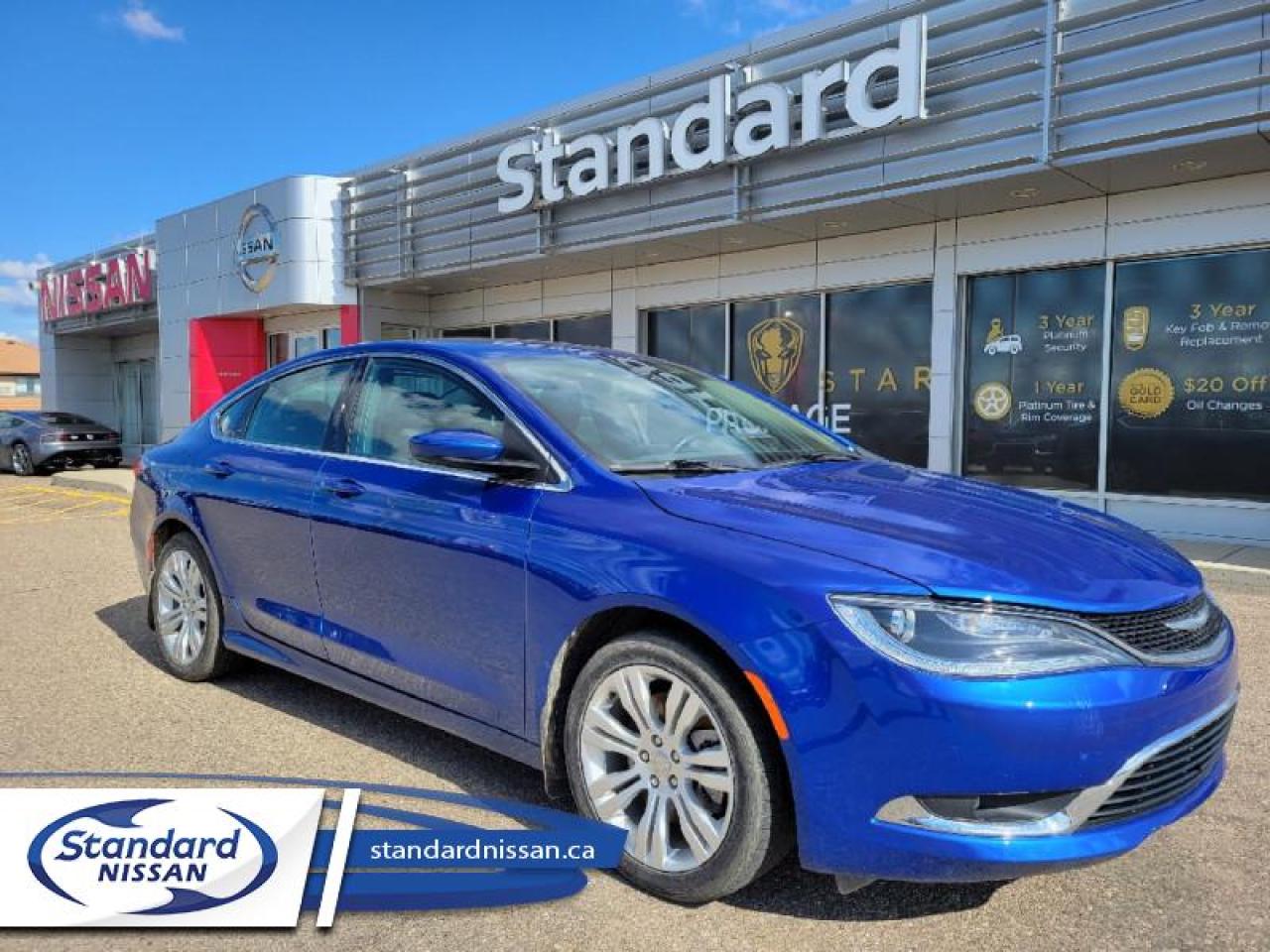 <b>Leather Seats,  Bluetooth,  Heated Seats,  SiriusXM,  Air Conditioning!</b><br> <br>  Compare at $16868 - Our Price is just $16377! <br> <br>   With handsome looks and an upscale interior, the Chrysler 200 sedan has what it takes to fight for a spot in your driveway, says Edmunds. This  2015 Chrysler 200 is for sale today in Swift Current. <br> <br>The Chrysler 200 is a prodigy of style and agility, increasing its drivers freedom to travel confidently. This is where the everyday commuter meets weekend getaway for the perfect balance of premium design, power, fuel efficiency and driving dynamics. The sleek exterior offers an athletic stance with a lively engine thats both responsive and efficient. Get a superior driving experience and an exceptional value with this Chrysler 200. This  sedan has 99,059 kms. Its  vivid blue pearl in colour  . It has a 9 speed automatic transmission and is powered by a  295HP 3.6L V6 Cylinder Engine.  It may have some remaining factory warranty, please check with dealer for details. <br> <br> Our 200s trim level is LIMITED. Upgrade to the 200 Limited and youll be treated to a comfortable, well-appointed sedan. It comes with a Uconnect infotainment system with Bluetooth and SiriusXM, 6-speaker audio, leather seats which are heated and powered in front, a leather-wrapped steering wheel with audio and cruise control, air conditioning, power, heated mirrors, fog lamps, tasteful chrome exterior trim, and more. This vehicle has been upgraded with the following features: Leather Seats,  Bluetooth,  Heated Seats,  Siriusxm,  Air Conditioning,  Fog Lights. <br> To view the original window sticker for this vehicle view this <a href=http://www.chrysler.com/hostd/windowsticker/getWindowStickerPdf.do?vin=1C3CCCAG8FN736878 target=_blank>http://www.chrysler.com/hostd/windowsticker/getWindowStickerPdf.do?vin=1C3CCCAG8FN736878</a>. <br/><br> <br>To apply right now for financing use this link : <a href=https://www.standardnissan.ca/finance/apply-for-financing/ target=_blank>https://www.standardnissan.ca/finance/apply-for-financing/</a><br><br> <br/><br>Why buy from Standard Nissan in Swift Current, SK? Our dealership is owned & operated by a local family that has been serving the automotive needs of local clients for over 110 years! We rely on a reputation of fair deals with good service and top products. With your support, we are able to give back to the community. <br><br>Every retail vehicle new or used purchased from us receives our 5-star package:<br><ul><li>*Platinum Tire & Rim Road Hazzard Coverage</li><li>**Platinum Security Theft Prevention & Insurance</li><li>***Key Fob & Remote Replacement</li><li>****$20 Oil Change Discount For As Long As You Own Your Car</li><li>*****Nitrogen Filled Tires</li></ul><br>Buyers from all over have also discovered our customer service and deals as we deliver all over the prairies & beyond!#BetterTogether o~o