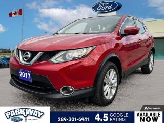 Red 2017 Nissan Qashqai SV 4D Sport Utility 2.0L DOHC CVT with Xtronic FWD 6.39 Axle Ratio, Air Conditioning, Alloy wheels, AM/FM radio: SiriusXM, Cloth Seat Trim, Delay-off headlights, Driver door bin, Driver vanity mirror, Front dual zone A/C, Front fog lights, Fully automatic headlights, Outside temperature display, Passenger door bin, Passenger vanity mirror, Power moonroof, Power steering, Power windows, Rear window defroster, Rear window wiper, Remote keyless entry, Steering wheel mounted audio controls, Trip computer, Variably intermittent wipers.