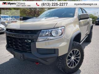 <b>CREW CAB</b><br>   Compare at $47375 - Myers Cadillac is just $45995! <br> <br>JUST IN- 2021 COLORADO ZR2 CREW WITH THE 2.8 DURAMAX DIESEL ENGINE- SAND DUNE ON BLACK HEATED CLOTH, REAR SLIDING WINDOW, REMOTE START, SPRAY IN LINER, WIRELESS CHARGING, HEATED STEERING WHEEL, HD REAR VISION CAMERABOSE(R) PREMIUM SPEAKER SYSTEM, OFF-ROAD ROCKER PROTECTION, CERTIFIED, NO ADMIN FEES, CLEAN CARFAX, ONE OWNER. ULTRA RARE!!!<br> <br>To apply right now for financing use this link : <a href=https://creditonline.dealertrack.ca/Web/Default.aspx?Token=b35bf617-8dfe-4a3a-b6ae-b4e858efb71d&Lang=en target=_blank>https://creditonline.dealertrack.ca/Web/Default.aspx?Token=b35bf617-8dfe-4a3a-b6ae-b4e858efb71d&Lang=en</a><br><br> <br/>Certified Pre-Owned Vehicles. Instead of worries our vehicles come with a 150+ point inspection and a 30 day / 2,500kms Vehicle Exchange Privilege. Buy with confidence! <br> <br/><br>All prices include Admin fee and Etching Registration, applicable Taxes and licensing fees are extra.<br>*LIFETIME ENGINE TRANSMISSION WARRANTY NOT AVAILABLE ON VEHICLES WITH KMS EXCEEDING 140,000KM, VEHICLES 8 YEARS & OLDER, OR HIGHLINE BRAND VEHICLE(eg. BMW, INFINITI. CADILLAC, LEXUS...)<br> Come by and check out our fleet of 40+ used cars and trucks and 140+ new cars and trucks for sale in Ottawa.  o~o