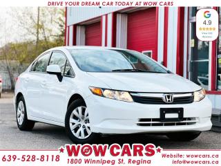 2012 Honda Civic LX includes: <br/> Odometer: 106,156km <br/> Sale Price: $15,998+taxes <br/> Financing Available  <br/> <br/>  <br/> WOW Factors:-  <br/> -Certified and mechanical inspection  <br/> -Low kms <br/> <br/>  <br/> Highlight Features:- <br/> -Air Conditioning <br/> -Eco Mode <br/> -Power Windows <br/> -Power Locks <br/> -Cruise Control and much more. <br/> <br/>  <br/> Financing Available  <br/> Welcome to WOW CARS Family! <br/> Our prior most priority is the satisfaction of the customers in each aspect. We deal with the sale/purchase of pre-owned Cars, SUVs, VANs, and Trucks. Our main values are Truth, Transparency, and Believe. <br/> <br/>  <br/> Visit WOW CARS Today at 1800 Winnipeg Street Regina, SK S4P1G2, or give us a call at (639) 528-8II8. <br/>