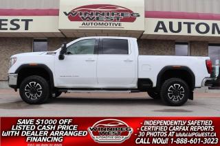 **Cash Price: $44,800. Finance Price: $43,800. (SAVE $1,000 OFF THE LISTED CASH PRICE WITH DEALER ARRANGED FINANCING O.A.C.) Plus PST/GST. NO ADMINISTRATION FEES!! 

EXCEPTIONALLY CLEAN & VERY WELL EQUIPPED, EXTRA SHARP LIFTED 2020 GMC SIERRA 2500HD SLE PREMIUM 6.6L 4X4. VERY WELL EQUIPPED & NICE CLEAN WELL CARED FOR TRUCK WITH A GREAT SERVICE HISTORY!!  

CLEAN & VERY SHARP,  WELL EQUIPPED AND WITH A 6.5 FT BOX! WORK READY, ALL NEW DESIGN INSIDE AND OUT 2020 GMC SIERRA 2500HD SLE PREMIUM EQUIPPED WITH THE PROVEN NEW GEN 6.6L ENGINE, HD GVW, LOADED WITH OPTIONS, CLEAN, VERY WELL SERVICED, AND READY TO GO!

- New Gen 6.6L DIRECT-INJECTION V8 (making 401 horsepower and 464 lb-ft TQ)
- Auto 3 stage 4X4 with AWD
- 6-speed automatic
- Auto Locking Rear  Diff - 3.73 ratio
- STABILITRAK W/ TRAILER SWAY  CONTROL & HILL START ASSIST
- Traction Control
- Stability Control
- Power 5-passenger Premium buckets with full size center console  
- Heated front Seats 
- Heated Steering wheel
- Dual Auto Climate zone controls
- Rear heat vents
- Full drivers information center
- Large 8" MyLink Multimedia Premium audio system with USB, AUX and Satellite 
- Factory Bluetooth for phone and media 
- Android and Apple Carplay 
- 4G LTE Wi-Fi Hotspot 
- Big Back up camera 
- KEYLESS REMOTE ENTRY AND PUSH BUTTON START
- Remote starter
- Factory power converter 
- HD Tow package 
- Factory Brake Controller 
- Factory Big tow mirrors 
- Easy step rear bumpers 
- Chrome Appearance package 
- OEM Fender moldings 
- GMC LED SIDE MARKER LIGHTS
- LED DAYTIME RUNNING LAMPS
- LED REFLECTOR HEADLAMPS
- LED headlamps , Fog lights and box lights
- Fog Lights / Tow hooks
- 120 V AC (400W) POWER OUTLET ON INSTRUMENT PANEL
- 120 V AC BED-MOUNTED POWER OUTLET
- Power Deployable rear gate 
- Nice Suspension Level Kit installed
- HILL DESCENT CONTROL
- SKID PLATES
- Easy step rear bumpers
- Optional New box liner available at additional cost (already installed as shown)
- OEM Sport alloy aluminum wheels riding on Near New Goodyear Wrangler Duratrac Tires
- Read below for more info... 

STILL SHOWS LIKE NEW INSIDE AND OUT AND IS EQUIPPED WITH ALL THE RIGHT OPTIONS, MAKING FOR A GREAT PLEASURE OR WORK TRUCK WITH HEAVY DUTY GVW! ALL NEW DESIGN, INSIDE AND OUT,  AND VERY CLEAN!  2020 GMC SIERRA 2500HD SLE PREMIUM 6.6L 4X4  6.5 FT BOX, EQUIPPED WITH THE NEW AND PROVEN New Gen 6.6L DIRECT-INJECTION V8 (making 401 horsepower and 464 lb-ft TQ) & 6 SP AUTOMATIC, auto 4X4 with 3-speed transfer case, & traction control.  This is a Gorgeous all new redesigned truck that has all the right factory options and an amazing look for all your work or pleasure needs. Must see and drive - None nicer at this price point!!

Comes with a Fresh Manitoba Safety Certification, a Clean No Accident well serviced certified Western Canadian CARFAX history report and we have many unlimited KM warranty options available to choose from. Selling at a fraction of new MRSP!  ON SALE NOW (HUGE VALUE!!!) Zero down financing OAC. Please see dealer for details. Trades accepted. View at Winnipeg West Automotive Group, 5195 Portage Ave. Dealer permit # 4365, Call now 1 (888) 601-3023