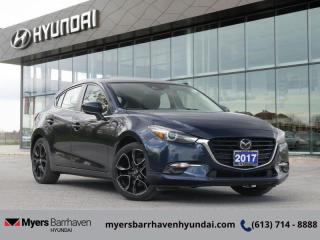 <b>Sunroof,  Heated Seats,  Bluetooth,  Blind Spot Detection,  Heated Steering Wheel!</b><br> <br>  Compare at $18425 - Our Price is just $17888! <br> <br>   For 2017, the engineers designed the Mazda3s cockpit with elegant finishes and added even more safety features, so you can enjoy a relaxed, reliable and confident drive. This  2017 Mazda Mazda3 is fresh on our lot in Ottawa. <br> <br>Built to be affordable and fun, the 2017 Mazda3 pushes the limits of what you expect in a compact sedan. This Mazda3 is sure to turn heads while impressing everyone with its efficient engines and fuel economy. Innovation continues in the advanced technologies, which focuses on style, convenience and utmost comfort. This  hatchback has 111,498 kms. Its  blue in colour  . It has an automatic transmission and is powered by a   2.5L 4 Cylinder Engine.  <br> <br> Our Mazda3s trim level is GT. Premium luxury and comfort come standard on this top-of-the-line Mazda3 GT with heated front seats and a heated leather steering wheel. Additional features on this trim include push button start, dual-zone climate controls, larger aluminum wheels,power side mirrors with turn signals, rain sensing wipers, LED headlights and taillights with fog lamps, a power sunroof, steering wheel mounted audio and cruise contol, Smart City brake support, advanced blind spot monitoring with rear cross traffic alert, MAZDA CONNECT with a seven inch colour touchscreen plus much more! This vehicle has been upgraded with the following features: Sunroof,  Heated Seats,  Bluetooth,  Blind Spot Detection,  Heated Steering Wheel,  Mazda Connect,  Aluminum Wheels. <br> <br/><br> Buy this vehicle now for the lowest bi-weekly payment of <b>$146.34</b> with $0 down for 72 months @ 6.99% APR O.A.C. ( Plus applicable taxes -  & fees   ).  See dealer for details. <br> <br>*LIFETIME ENGINE TRANSMISSION WARRANTY NOT AVAILABLE ON VEHICLES WITH KMS EXCEEDING 140,000KM, VEHICLES 8 YEARS & OLDER, OR HIGHLINE BRAND VEHICLE(eg. BMW, INFINITI. CADILLAC, LEXUS...)<br> Come by and check out our fleet of 30+ used cars and trucks and 100+ new cars and trucks for sale in Ottawa.  o~o