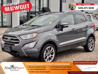 2020 FORD ECOSPORT TITANIUM for Sale in Saskatoon SK.<br/>  <br/> BACK UP CAMERA!! <br/> HEATED FRONT SEATS & STEERING WHEEL!!  <br/> LOADED <br/> NAVIGATION <br/>  <br/> Experience the perfect combination of compact efficiency and luxury with the 2020 Ford EcoSport Titanium, now available at North Point Auto Sales in Saskatoon. This top-of-the-line model in the EcoSport lineup offers an upscale driving experience with its advanced features and sophisticated design. Whether navigating tight city streets or cruising on the highway, the EcoSport Titanium is designed to impress. <br/> Key features of the 2020 Ford EcoSport Titanium include its powerful yet fuel-efficient 2.0L engine paired with intelligent 4WD, providing excellent traction and handling under various driving conditions. The interior boasts leather upholstery, a heated steering wheel, and an advanced infotainment system with an 8-inch touchscreen featuring Apple CarPlay and Android Auto compatibility, ensuring connectivity and entertainment on the go. <br/> Safety is enhanced with top-tier features such as blind-spot monitoring, rear cross-traffic alert, and an automated parking system that aids in tight parking situations. The EcoSport Titanium also features a power moonroof, automatic climate control, and an impressive 10-speaker Bang & Olufsen sound system, making every journey enjoyable. <br/> At North Point Auto Sales, we offer customizable financing options to suit your needs, including in-house financing, to help you drive away with ease. Visit us in Saskatoon to see the 2020 Ford EcoSport Titanium and learn more about our flexible financing solutions that make it easy to purchase the SUV that fits your lifestyle and budget. #FordEcoSportTitanium #LuxuryCompactSUV #NorthPointAutoSales #SaskatoonDeals <br/> <br/>  <br/> In-House Financing: Our dedicated finance team is here to assist you in securing hassle-free financing options tailored to your needs. <br/> <br/>  <br/> Customized Financing Solutions: Whether you have excellent credit, poor credit, or no credit history, well work with you to find a financing plan that fits your budget. <br/> <br/>  <br/> New to Canada Program: Were proud to offer special financing programs for newcomers to Canada, making vehicle ownership more accessible. <br/> <br/>  <br/> Free Delivery Across Western Canada: Enjoy the convenience of having your 2018 Ford Escape SE 4WD delivered directly to your doorstep, free of charge, anywhere in Western Canada. <br/> <br/>  <br/> Our Lending Partners - https://www.northpointautosales.ca/finance-department/ <br/> <br/>  <br/>  PRE-OWNED VEHICLE EXTENDED WARRANTY & INSURANCE <br/>  <br/> <br/>  <br/> At North Point Auto Sales in Saskatoon, we provide comprehensive pre-owned vehicle extended warranty coverage to ensure your peace of mind. Powered by SAL Warranty, our services include protection against mechanical breakdowns and extended manufacturer warranty coverage, including bumper-to-bumper. We also offer Guaranteed Auto Protection (GAP Insurance) and Credit Insurance (CAP Insurance). Learn more about our services at IA SAL https://iadealerservices.ca/insurance-and-warranty. <br/> Our services include: <br/> Creditor Group Insurance <br/> Extended Warranty <br/> Replacement Insurance and Warranty <br/> Appearance Protection <br/> Traceable Theft Deterrent <br/> Guaranteed Asset Protection <br/> Original Equipment Manufacturer (OEM) Programs <br/> Choose North Point Auto Sales for reliable pre-owned vehicle warranties and protection plans in Saskatoon. We ensure you drive with confidence, knowing your investment is secure. <br/> <br/>  <br/>  STOCK # PT2355 <br/> Looking for a used car Financing in Saskatoon?    GET PRE APPROVED ONLINE TODAY!   <br/> ****** IN HOUSE FINANCING AVAILABLE ******* <br/> Over 25 lending partners on site <br/> In House Financing https://creditmaxx.ca/ <br/> Free Delivery anywhere in Western Canada <br/> Full Vehicle History Disclosure <br/> Dealer Exclusive Financing Incentives(O.A.C) <br/> We Take anything on Trade  Powersports , Boats, RV. <br/> This vehicle qualifies for Special Low % Financing <br/> NORTH POINT AUTO SALES in Saskatoon. <br/> Call or Text Fernando (639) 471-1839 (General Manager) <br/>             <br/>            www.northpointautosales.ca  <br/> *Conditions Apply. Contact Dealer for Details.  <br/> Looking for the best selection of quality used cars in Saskatoon? Look no further than North Point Auto Sales! Our extensive inventory features a diverse range of meticulously inspected vehicles, ensuring you get the reliable and safe ride you deserve. At North Point, we believe in transparent and fair pricing. Our competitive prices reflect the true value of our vehicles, giving you peace of mind that youre making a smart investment. What sets us apart is our dedicated team of automotive experts. With years of experience, theyre passionate about helping you find the perfect vehicle that fits your lifestyle and budget. Plus, we work with a network of trusted lenders to provide you with flexible financing options. We take pride in our commitment to customer satisfaction. Our service doesnt end after the sale. Were here to support you with any questions or concerns, ensuring you have a seamless ownership experience. Located right here in Saskatoon, we understand the unique needs of the local community. Our deep knowledge of the market allows us to provide you with the best possible service. Visit us today at 102 Apex Street, Saskatoon, SK and experience the North Point Auto Sales difference for yourself. Drive away in a vehicle youll love, knowing you made the right choice with North Point! <br/>