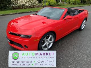LOCAL VEHICLE WITH NO ACCIDENT DECLARATIONS, EXTENSIVE SERVICE HISTORY LEATHER, H/UP, B/TOOTH, GREAT FINANCING, FREE WARRANTY, INSPECTED W/BCAA MEMBERSHIP!<br /><br />Welcome to the Automarket, your community financing dealership of "YES". We are featuring a spectcularly beautiful Camaro 2LT Convertible with No Accident Declarations, Great Service History and all of the best options such as: Automatic Transmission, Bluetooth Telephone, Heads Up Display, Heated Leather Seats, Back Up Camera, Boston Sound System, and all of the power options you can want.<br /><br />Having been fully inspected, we know that the Tires are 100% Brand New on all 4 corners, front brakes are 80% New and the Rear Brakes are 50% New. The oil has been changed and we have fully detailed the vehicle for your safety and enjoyment.<br /><br />2 LOCATIONS TO SERVE YOU, BE SURE TO CALL FIRST TO CONFIRM WHERE THE VEHICLE IS PARKED<br />WHITE ROCK 604-542-4970 LANGLEY 604-533-1310 OWNER'S CELL 604-649-0565<br /><br />We are a family owned and operated business since 1983 and we are committed to offering outstanding vehicles backed by exceptional customer service, now and in the future.<br />What ever your specific needs may be, we will custom tailor your purchase exactly how you want or need it to be. All you have to do is give us a call and we will happily walk you through all the steps with no stress and no pressure.<br />WE ARE THE HOUSE OF YES?<br />ADDITIONAL BENFITS WHEN BUYING FROM SK AUTOMARKET:<br />ON SITE FINANCING THROUGH OUR 17 AFFILIATED BANKS AND VEHICLE FINANCE COMPANIES<br />IN HOUSE LEASE TO OWN PROGRAM.<br />EVRY VEHICLE HAS UNDERGONE A 120 POINT COMPREHENSIVE INSPECTION<br />EVERY PURCHASE INCLUDES A FREE POWERTRAIN WARRANTY<br />EVERY VEHICLE INCLUDES A COMPLIMENTARY BCAA MEMBERSHIP FOR YOUR SECURITY<br />EVERY VEHICLE INCLUDES A CARFAX AND ICBC DAMAGE REPORT<br />EVERY VEHICLE IS GUARANTEED LIEN FREE<br />DISCOUNTED RATES ON PARTS AND SERVICE FOR YOUR NEW CAR AND ANY OTHER FAMILY CARS THAT NEED WORK NOW AND IN THE FUTURE.<br />36 YEARS IN THE VEHICLE SALES INDUSTRY<br />A+++ MEMBER OF THE BETTER BUSINESS BUREAU<br />RATED TOP DEALER BY CARGURUS 2 YEARS IN A ROW<br />MEMBER IN GOOD STANDING WITH THE VEHICLE SALES AUTHORITY OF BRITISH COLUMBIA<br />MEMBER OF THE AUTOMOTIVE RETAILERS ASSOCIATION<br />COMMITTED CONTRIBUTER TO OUR LOCAL COMMUNITY AND THE RESIDENTS OF BC<br /><br /> This vehicle has been Fully Inspected, Certified and Qualifies for Our Free Extended Warranty.Don't forget to ask about our Great Finance and Lease Rates. We also have a Options for Buy Here Pay Here and Lease to Own for Good Customers in Bad Situations. 2 locations to help you, White Rock and Langley. Be sure to call before you come to confirm the vehicles location and availability or look us up at www.automarketsales.com. White Rock 604-542-4970 and Langley 604-533-1310. Serving Surrey, Delta, Langley, Richmond, Vancouver, all of BC and western Canada. Financing & leasing available. CALL SK AUTOMARKET LTD. 6045424970. Call us toll-free at 1 877 813-6807. $495 Documentation fee and applicable taxes are in addition to advertised prices.<br />LANGLEY LOCATION DEALER# 40038<br />S. SURREY LOCATION DEALER #9987<br />